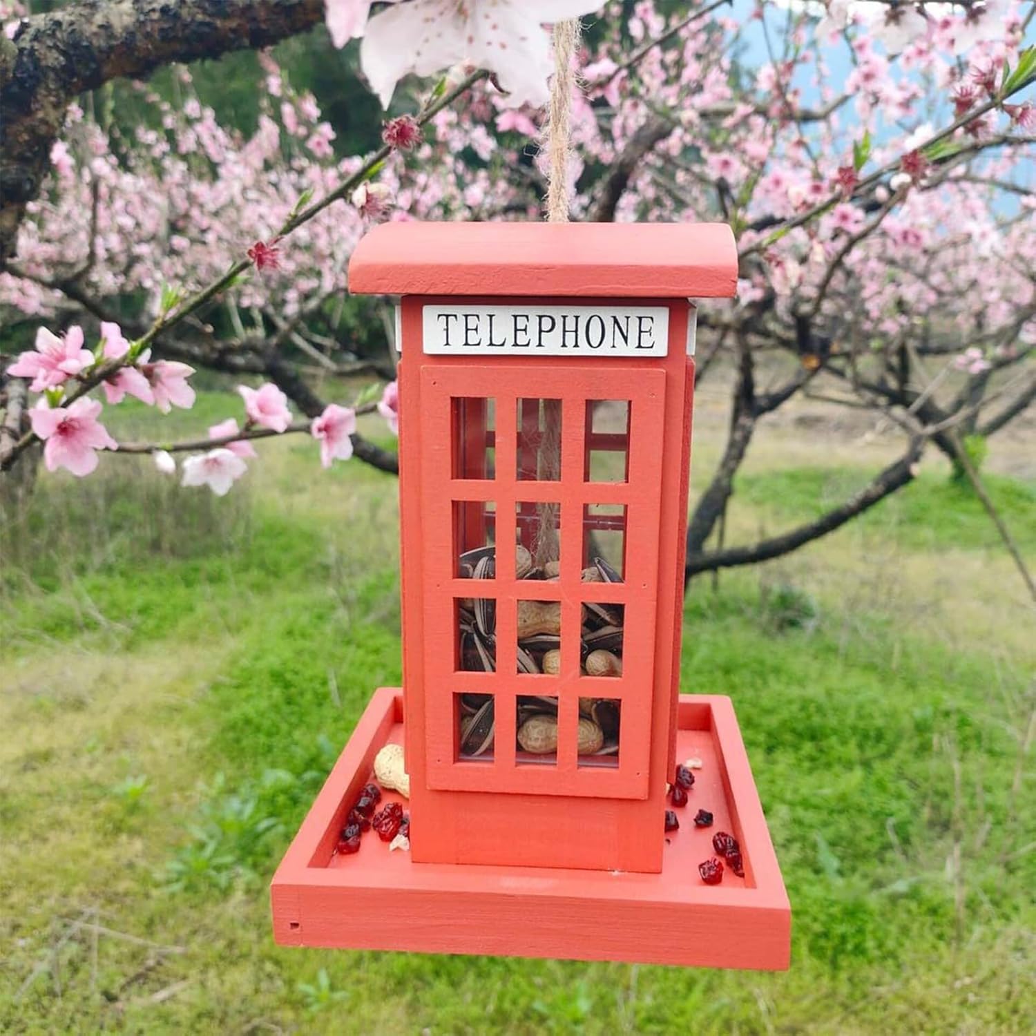 Wooden Bird Feeder, 19.5x14cm Red Telephone Booth Birdfeeder, Decorative Outdoor Feeding House for Wild Birds, Garden, Backyard, Porch, Balcony