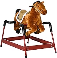 Qaba Spring Rocking Horse for Kids: Interactive Plush Ride-On Toy with Neigh & Gallop Sounds, Soft Huggable, Safe Metal Frame, Ages 3+