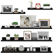 Giftgarden 90 cm Long Wooden Wall Shelf, Black Large Floating Shelf, Picture Rail for Living Room, Kitchen, Children's Room, Bedroom or Office - Pack of 5 with Various Sizes
