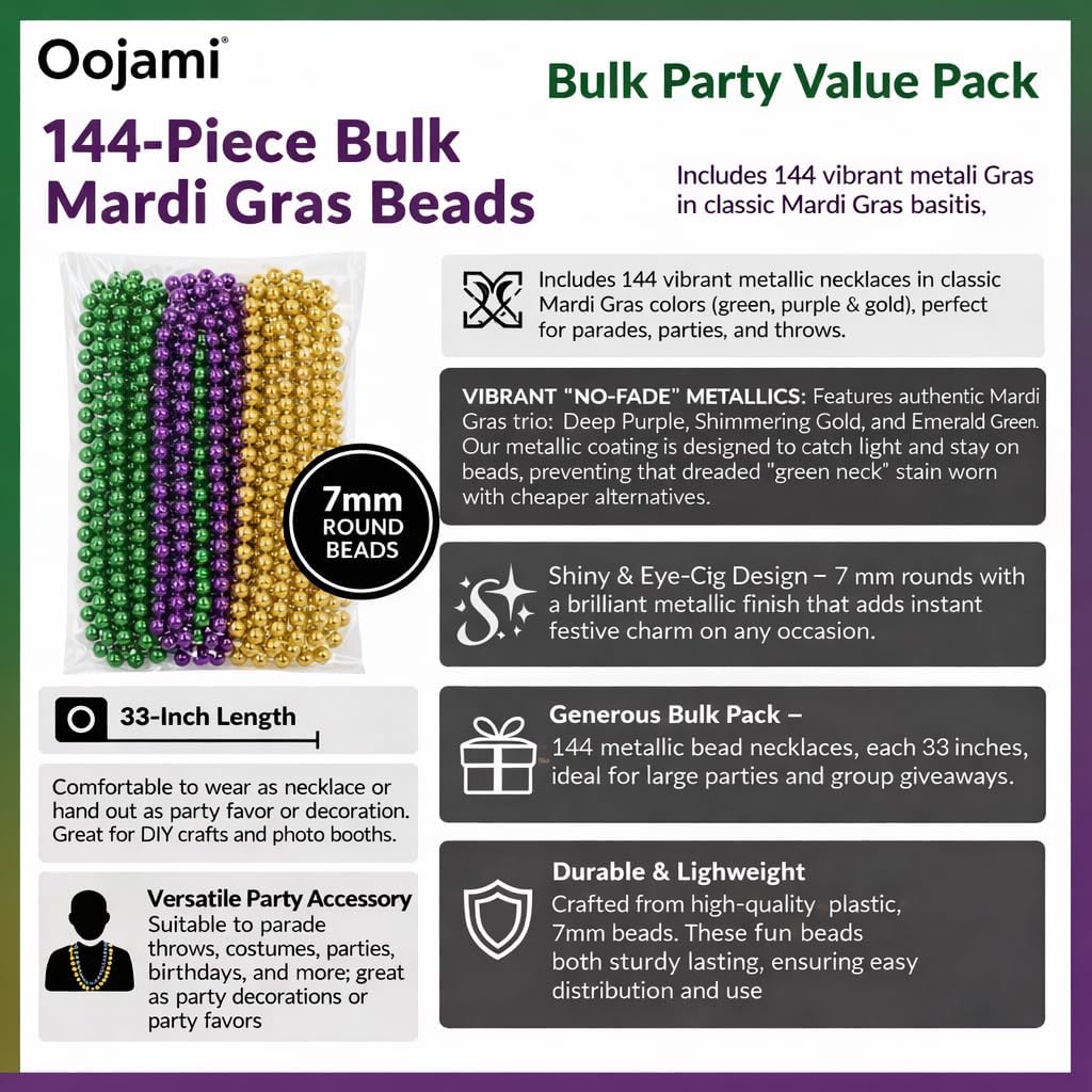 Oojami 144 Pcs Bulk Mardi Gras Beads – 33" Round 7mm Metallic Necklaces – Gold, Green & Purple Party Favors for Parade Throws, Carnival & Masquerade