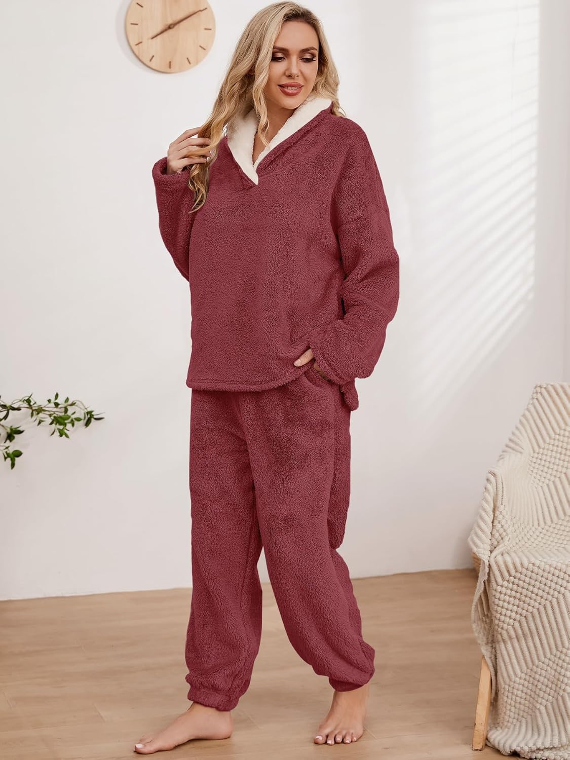 Muchpow Womens Fluffy Pajamas Set Winter Warm Fleece Oversized Pullover Fuzzy Pants Sets Plush Loungewear 2 Piece Pjs - Image 2