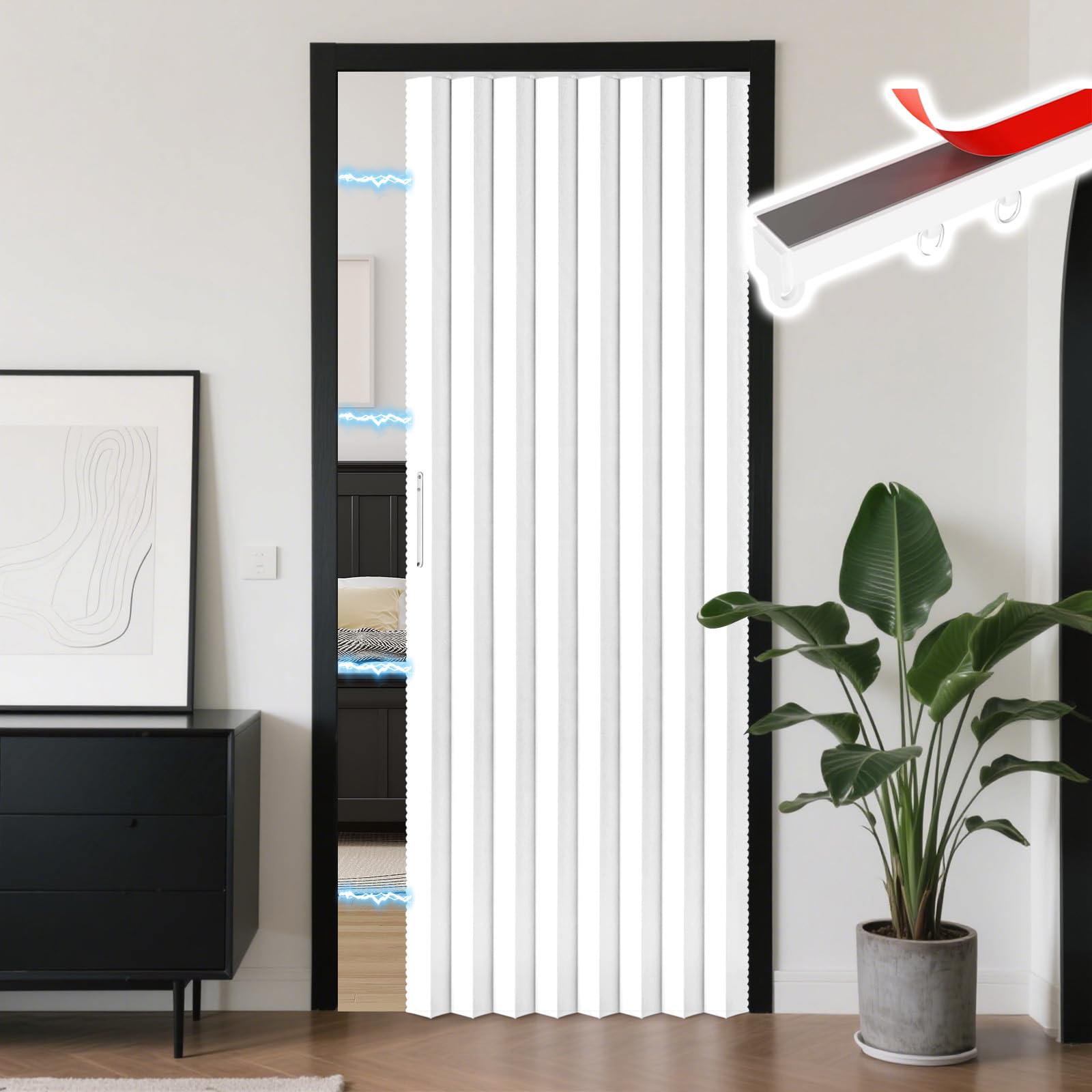 RINHARTEX Blackout Accordion Style Magnetic Door Curtain Sets Included Tracks for Closet Pleated Folding Doorway Curtain Accordion Door Interior Room Divider Bedroom Bathroom