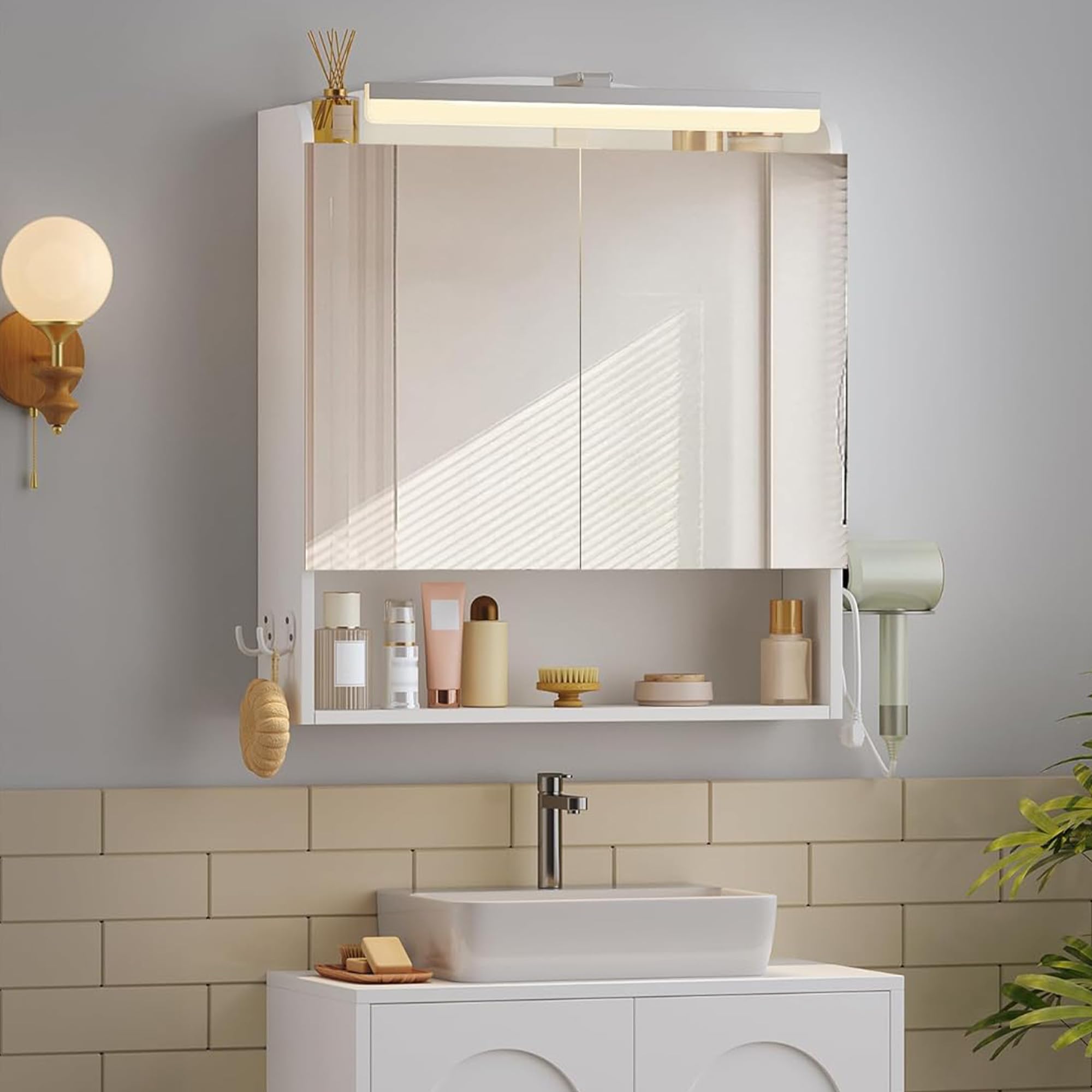Hzuaneri Bathroom Cabinet with Mirror, LED Lights, Hair Dryer Shelf, Hooks