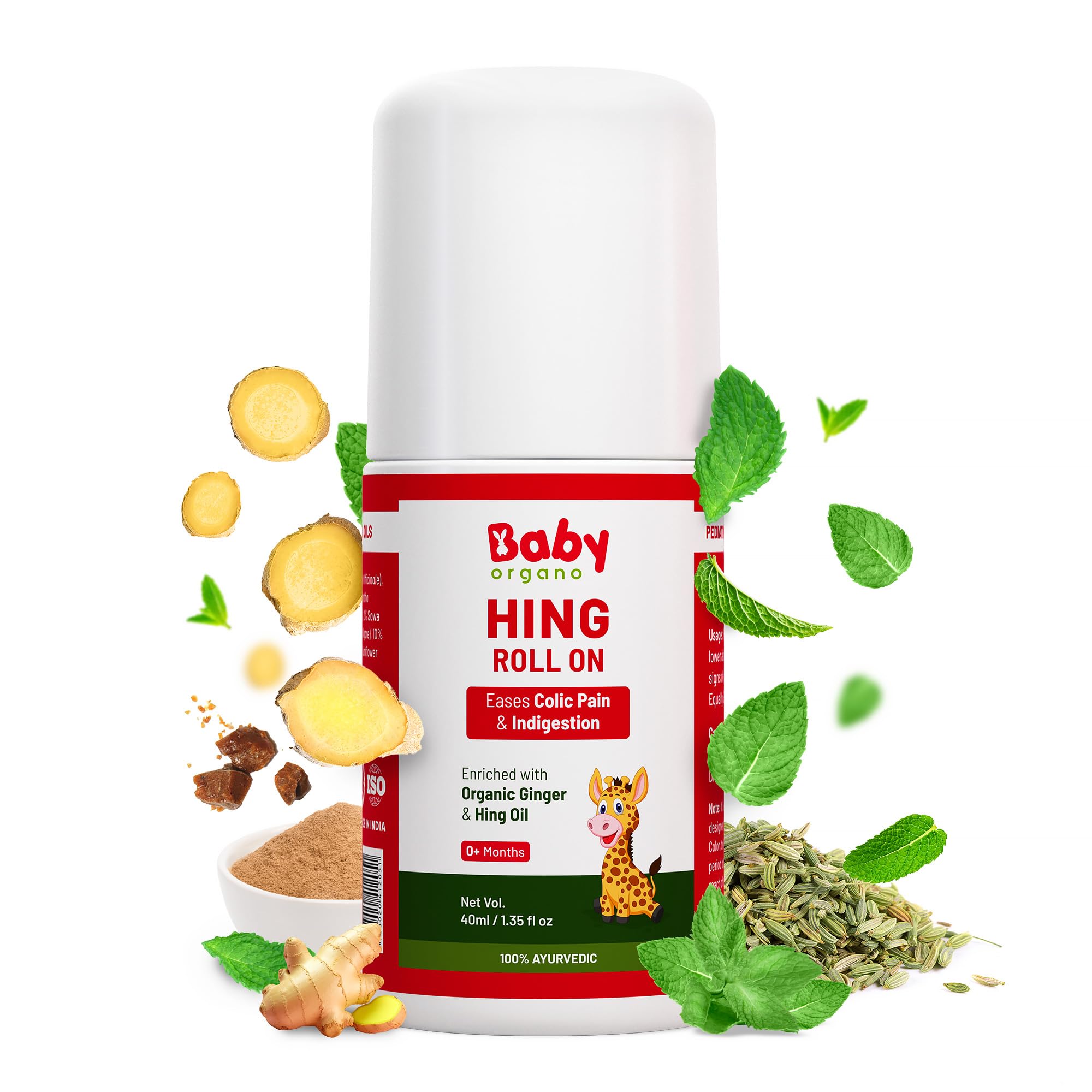 Babyorgano Hing Roll On Effective Quick Relief Tummy Roll On for New Born Kids Colic, Indigestion & Gas Relief with Organic Ginger & Hing Oil Ayurvedic 40ml (Pack of 1) Pale Yellow