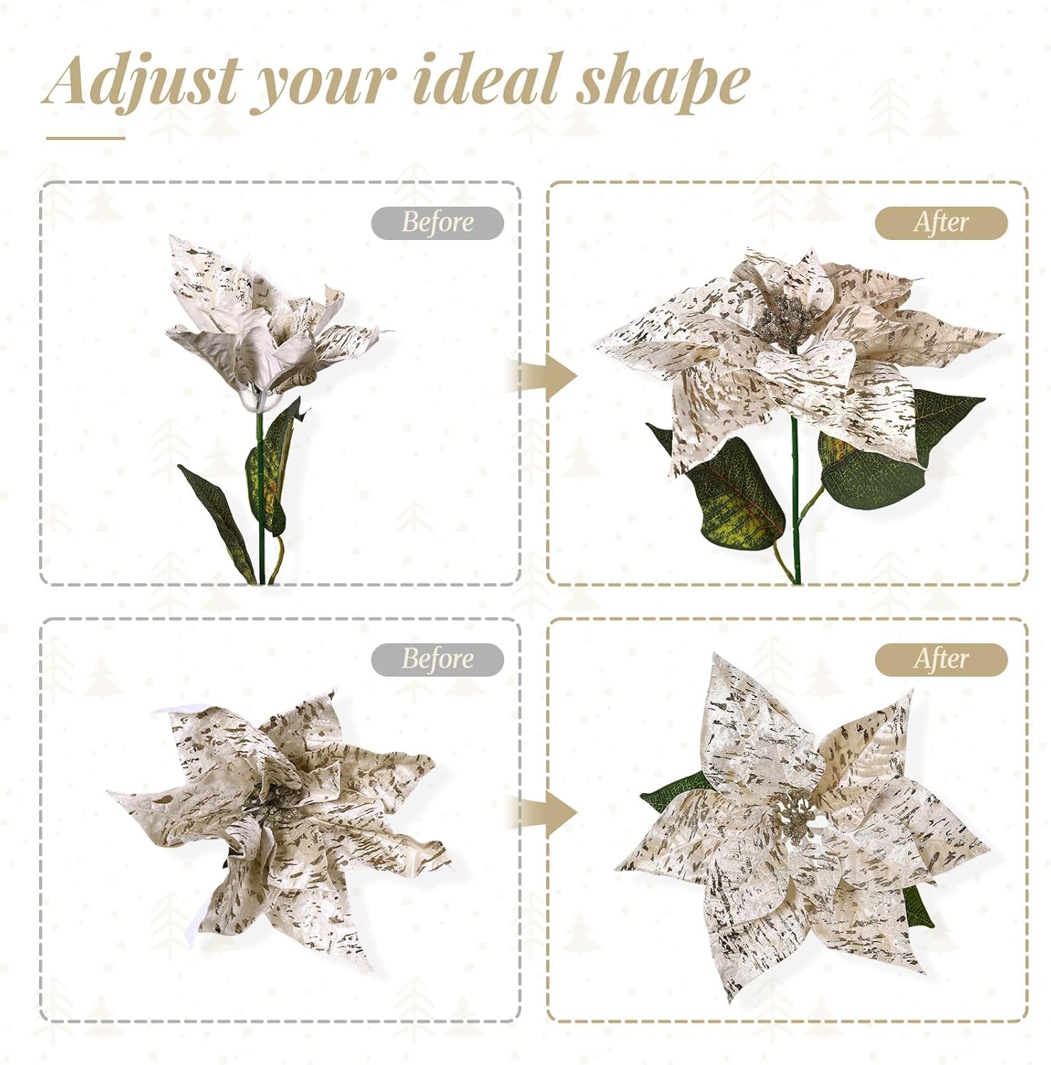 Alupssuc 16 PCS 17in Poinsettia Flowers Artificial, Large Glitter Christmas Flowers, Indoor & Outdoor Faux Poinsettia Bouquet Christmas Decorations for Xmas Tree Vase Table Porch Decor, Champagne