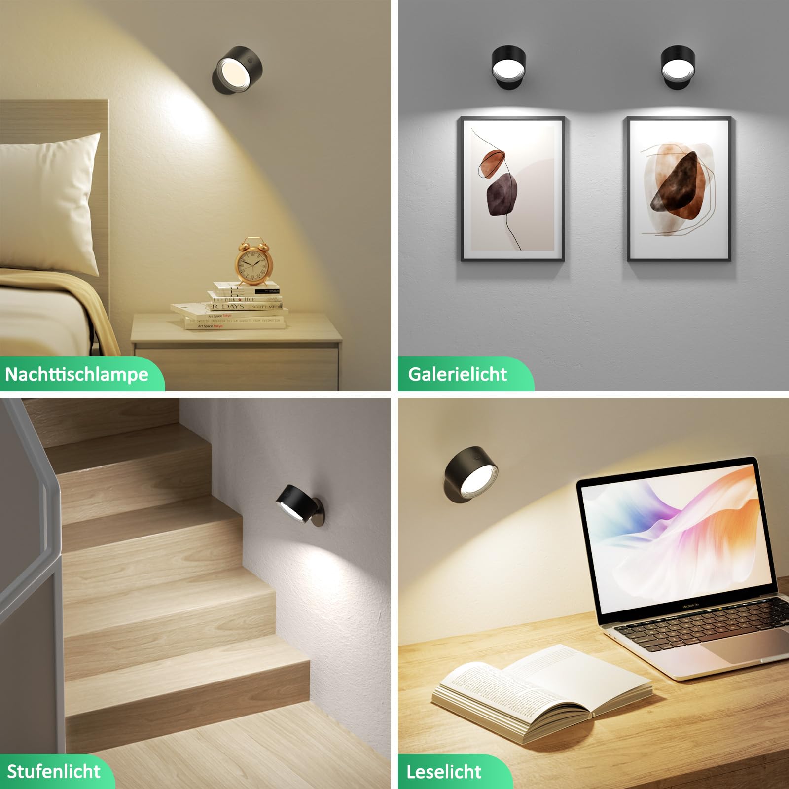 LED Wandleuchte Innen, 2 Stück Akku Wandlampe mit Fernbedienung Kabellos Leselampe, 3 Farbmodi Dimmbar Nachttischlampe Wandlicht, 360° Drehbare Aufladbare Leuchten für Treppe Wohnzimmer Schlafzimmer