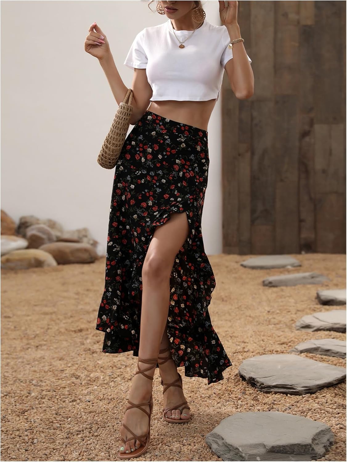 WDIRARA Women's Boho Floral Print Ruffle Maxi Skirt High Waisted Split Long Skirts - Image 5