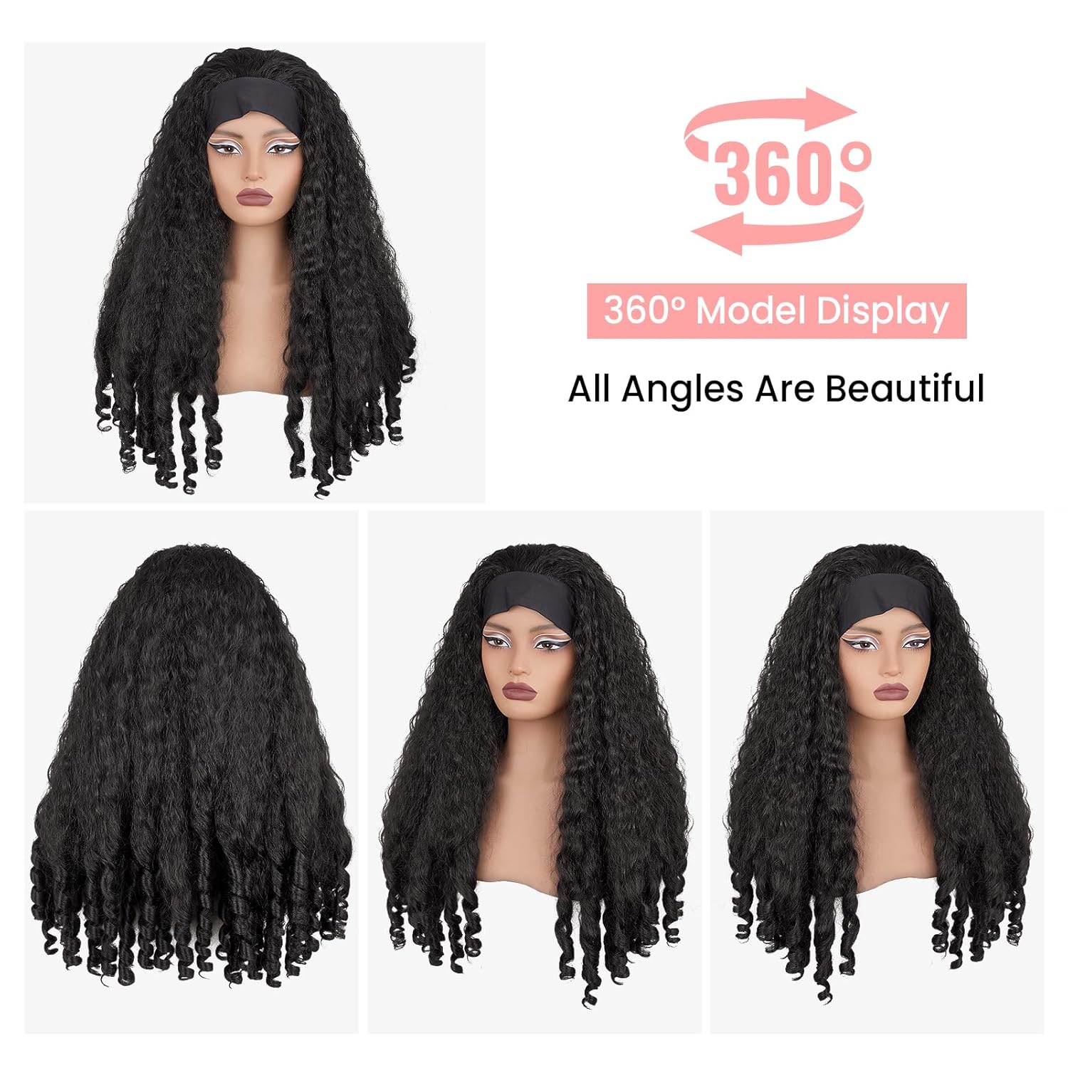 Afro Curly Headband Wig for Black Women, Glueless Kinky Curly Half Wigs 4C Hair Synthetic Wig Braided Hair with Bouncy Curls 180% Density, 24inch, Black-2