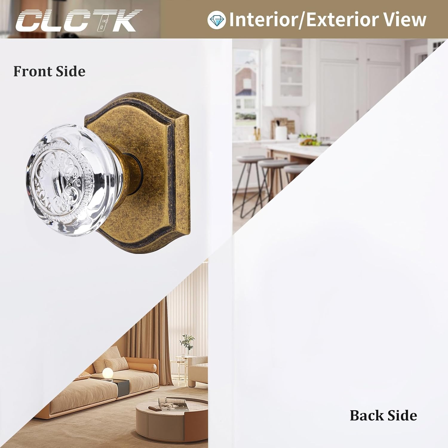 Crystal Glass Dummy Door Knob, Hall and Closet Antique Brass Dummy Door Handles Non-Turning Single Side, 2 Pack