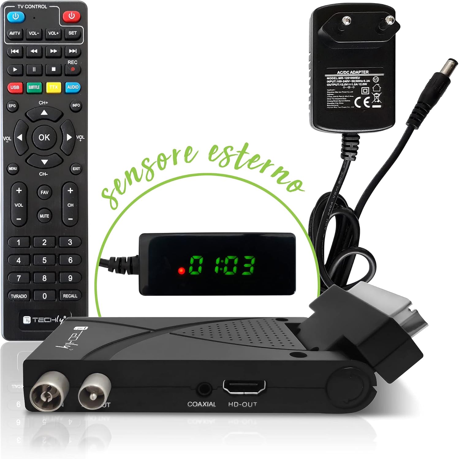 Techly 360981 Digital Terrestrial Receiver Decoder DVB-T/T2 H.265 HEVC 10bit USB HDMI Scart 180° and Universal Remote Control 2 in 1 Black