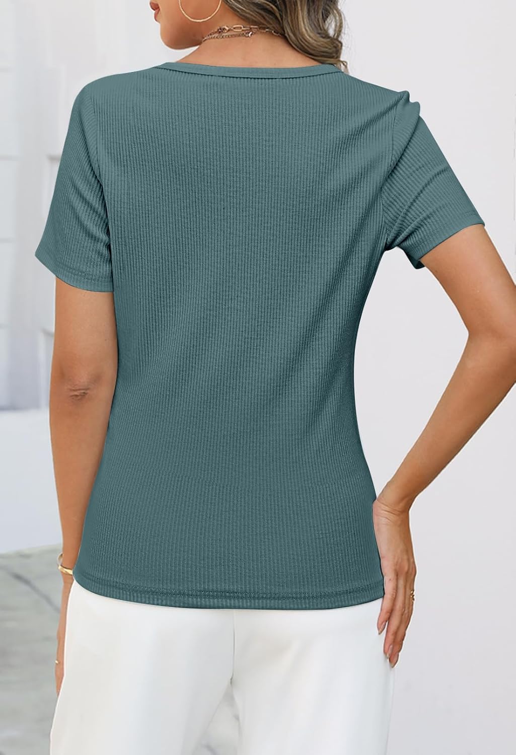 MEROKEETY Women's 2026 Summer Short Sleeve Tops Casual V Neck T Shirts Ribbed Knit Henley Button Basic Blouse - Image 2