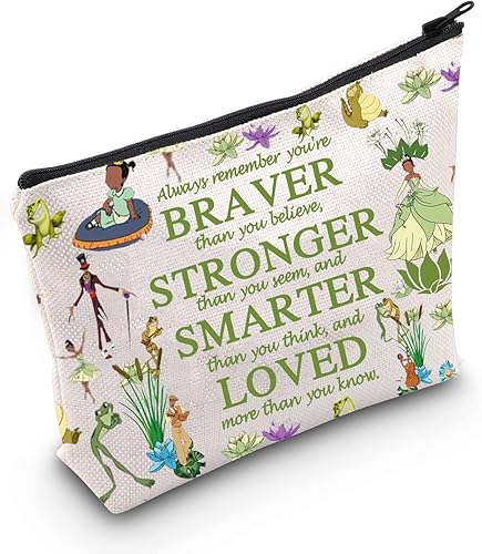 MEIKIUP Bolsa de maquillaje de princesa de rana, bolsas de cosméticos de viaje para mujeres y niñas, con cremallera You are Braver Stronger Smarter