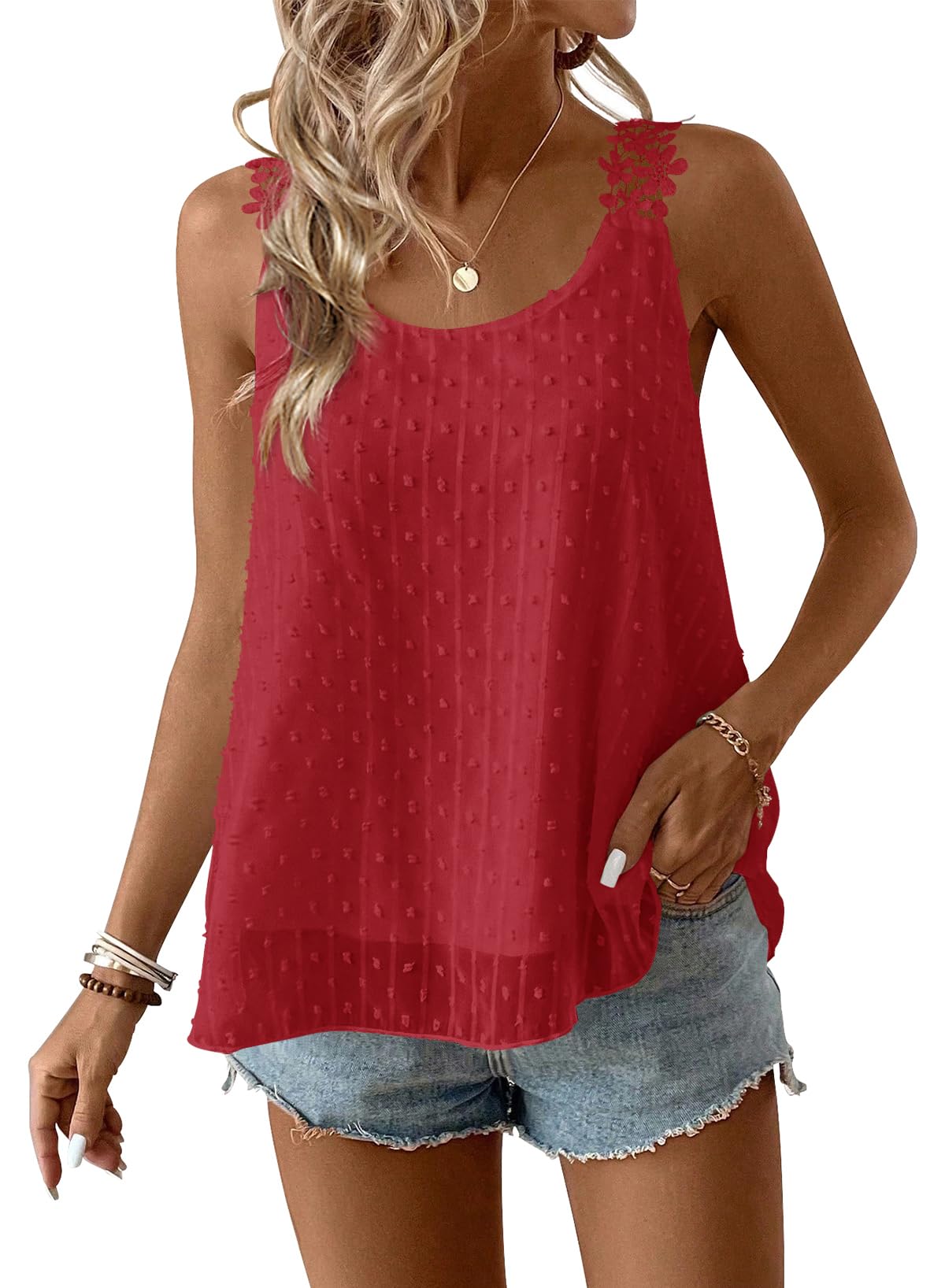 TUUHAW Tank Top Damen Ärmellose Bluse Boho Oberteile Rundhals Camisole | Elegant Blumen T Shirt, Spaghetti Top Damen, Swiss Dot, Süß Lässig Westen, Basic für Alltag, Büro und Freizeit, Ausgehen