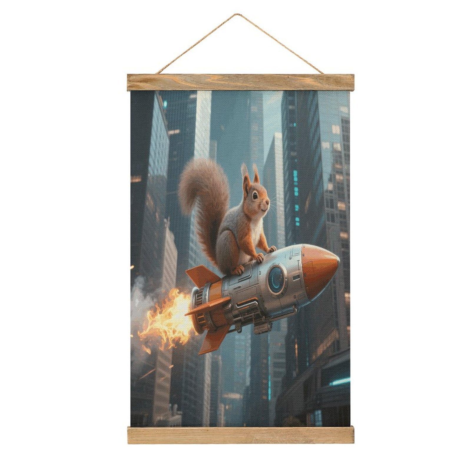 VstaDank Rocket Squirrel Linen Hanging Painting Vintage Canvas Wall Art Poster Reading Nook Corner Decor Retro Wall Decor Prints for Library Reading Room Home 13.2 X 20.47 Inch