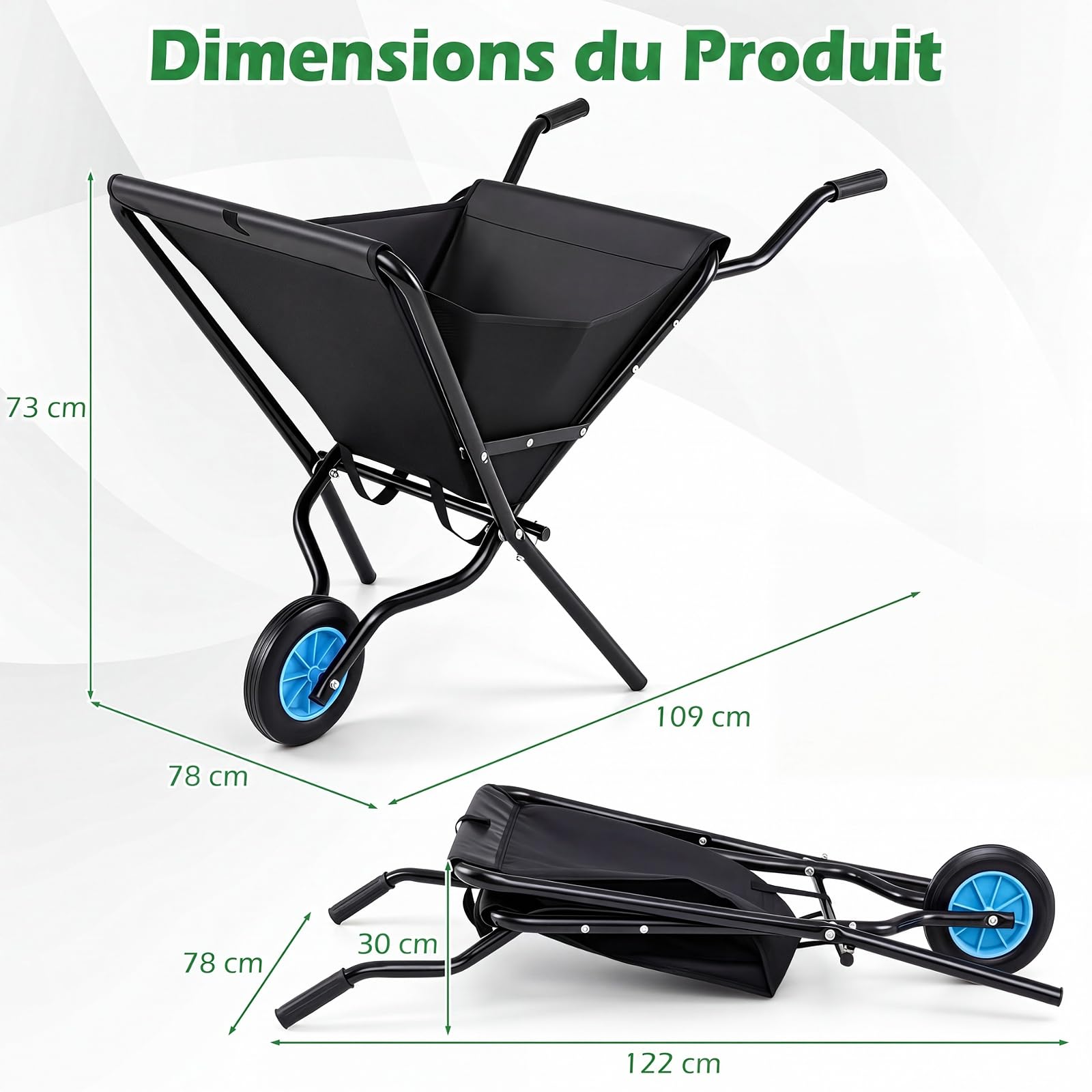 COSTWAY Brouette de Jardin Pliable, Sac en Toile d'Oxford