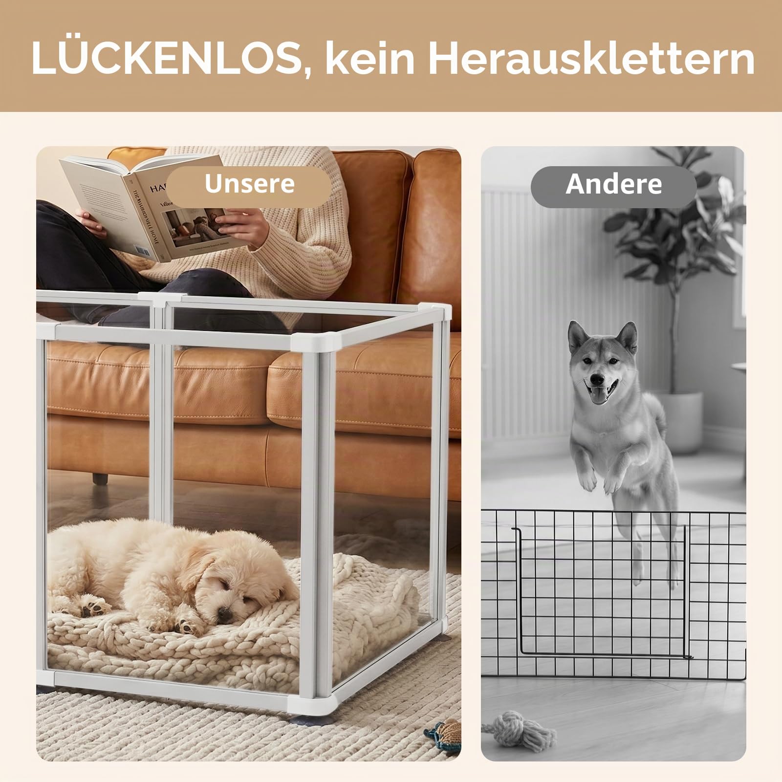 Acryl welpenlaufstall 10 Paneele, Laufstall Hund 60 cm Hoch, Welpenauslauf Metallrahmen, Hundelaufstall für Wohnung mit Tür,Einfache Montage, Leicht zu reinigen,Robust für Kleine Hunde, Welpen