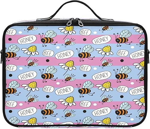 Abejas Happy Good Luck and Daisies Bolsa de maquillaje a rayas bolsa de cosméticos grande bolsa de aseo kit de viaje bolsas de maquillaje lindo