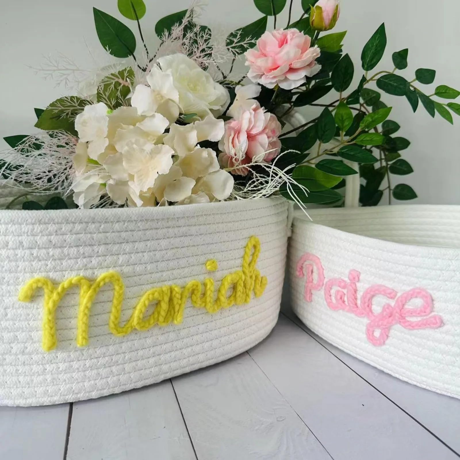 Zhongzhi Custom Name Basket with Multi-Colour Knitted Yarn, Custom, Gift for Baby, Pet Basket, Toy Basket. (36x25x16cm)