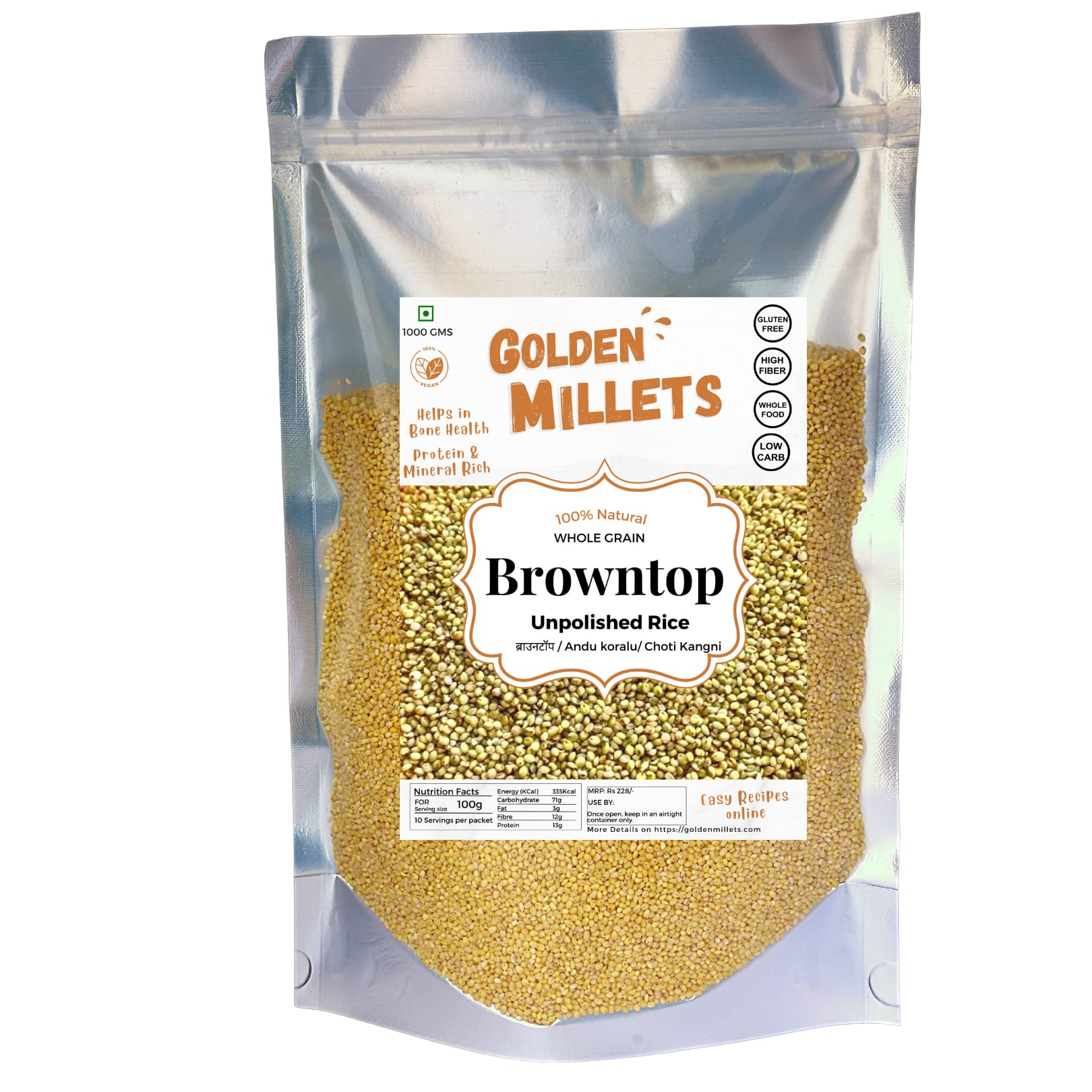 Buy GOLDEN MILLETS 1Kg Browntop Siridhanya Millet Unpolished Rice