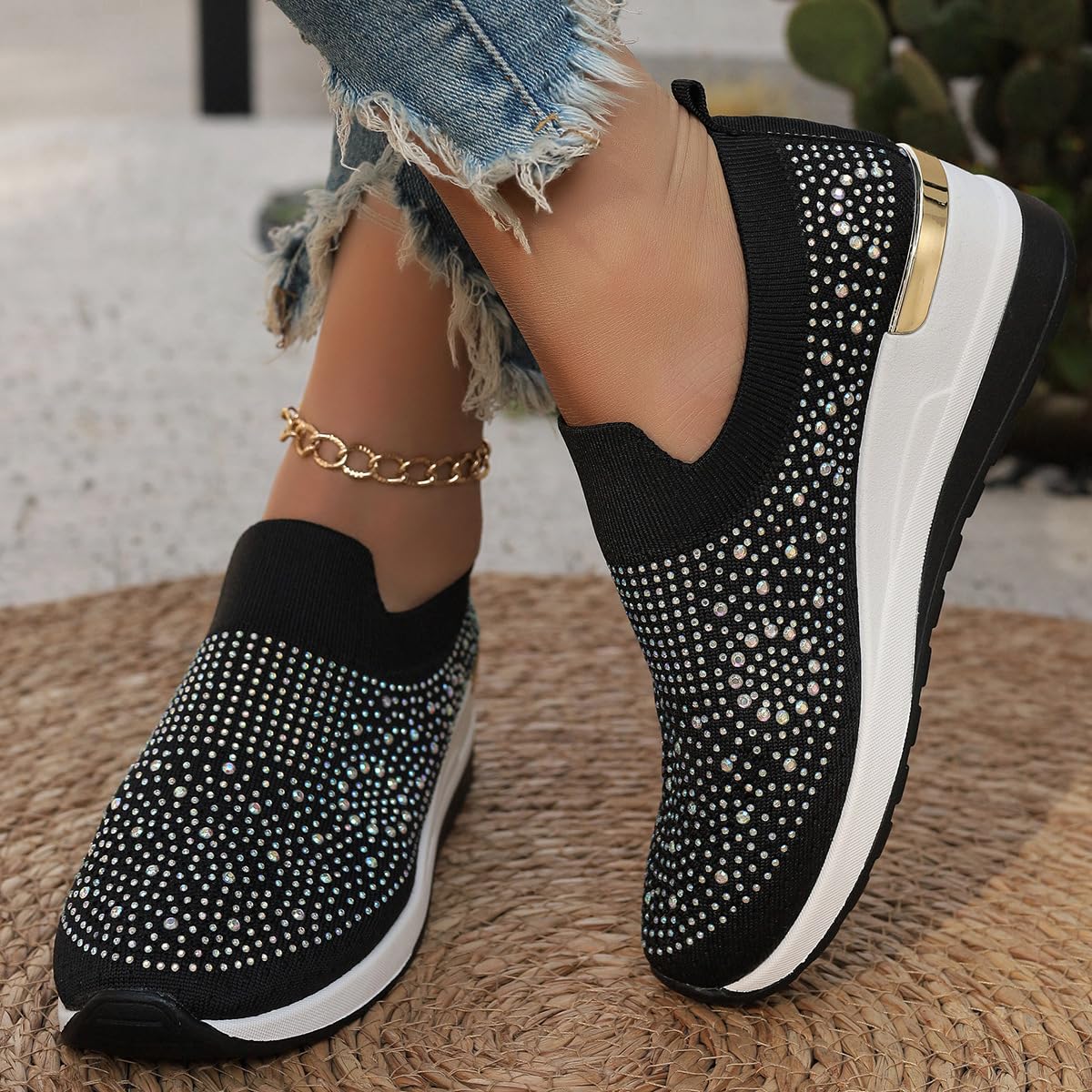 Scarpe da ginnastica da donna con zeppa e strass, alla moda, traspiranti, casual, con zeppa e strass, scarpe da ginnastica con zeppa scintillante