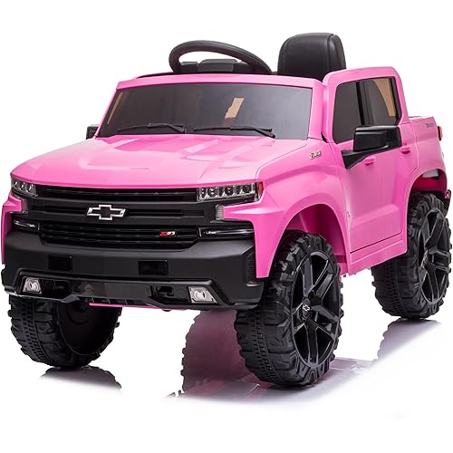 Kidzone 12V Battery Powered Licensed Chevrolet Silverado Trail Boss LT Kids Ride On Truck Car Electric Vehicle Jeep with Remote Control, MP3, LED Lights - Pink