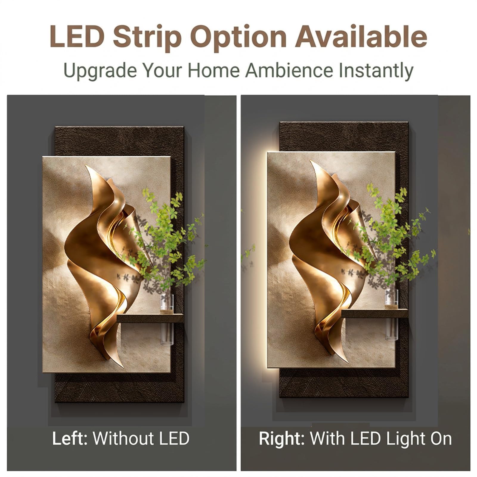 Wanddeko mit LED-Licht & Vasen, Moderne Wandkunst für Wohnzimmer | Sandstein-Finish, 3D-Struktur, LED-Ambiente, Eingangsbereich(Color D,50x100cm/20x39in)