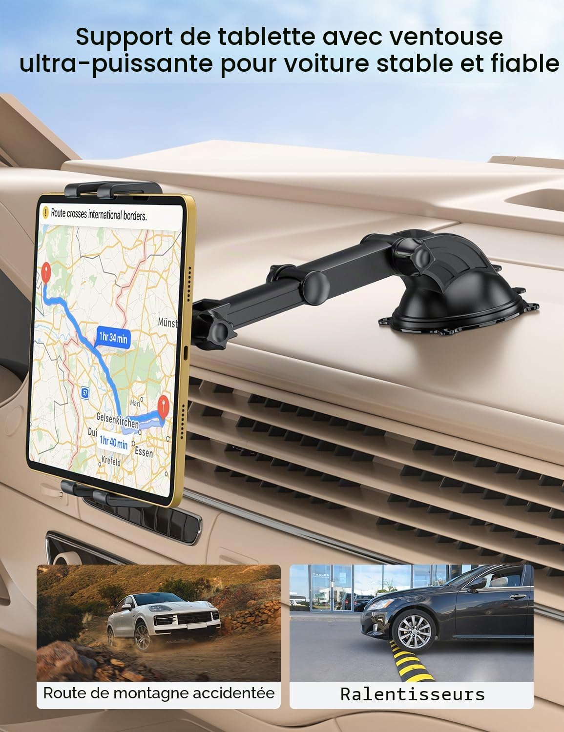 OHLPRO Support Tablette Voiture Pare Brise Tableau de Bord, Porte Tablette Voiture Support iPad Télescopique+Ventouse Lavable Universel Compatible avec iPad Apple Samsung 5-13" Tablettes Telephone