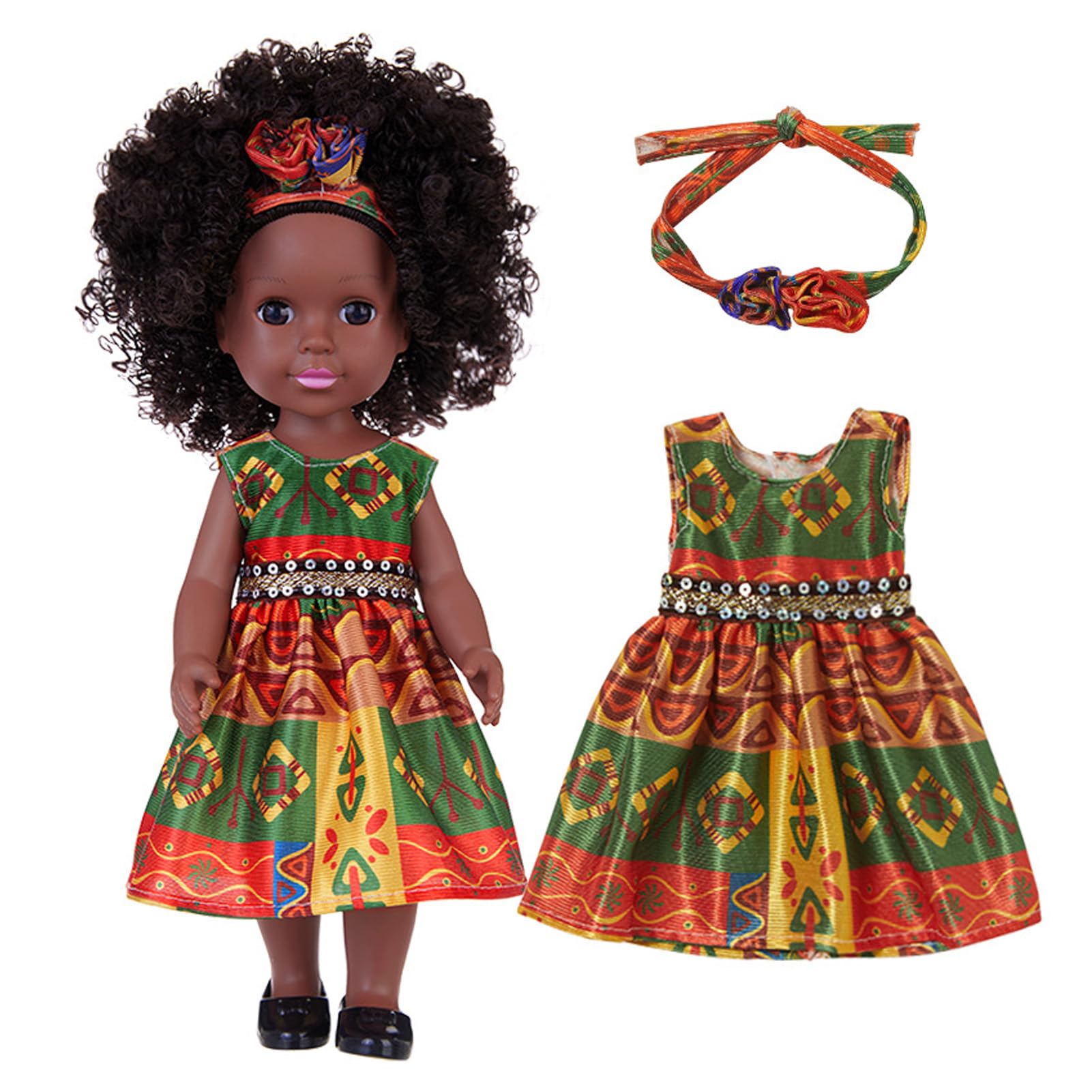Qudinip 14 Inch Black Doll, Cute Dress with Hairband and Afro Hair