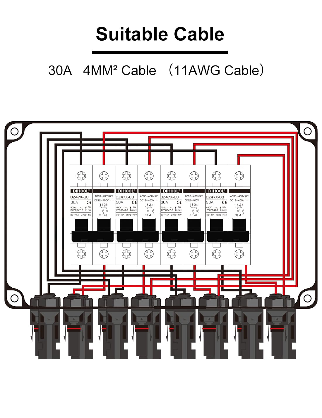 DC Trennschalter PV Anlage DC12V-DC400V 4 String 2 polig 30A IP67 Wasserdichtes Solar Leitungsschutzschalter Sicherungsautomat (4 in 4 out)