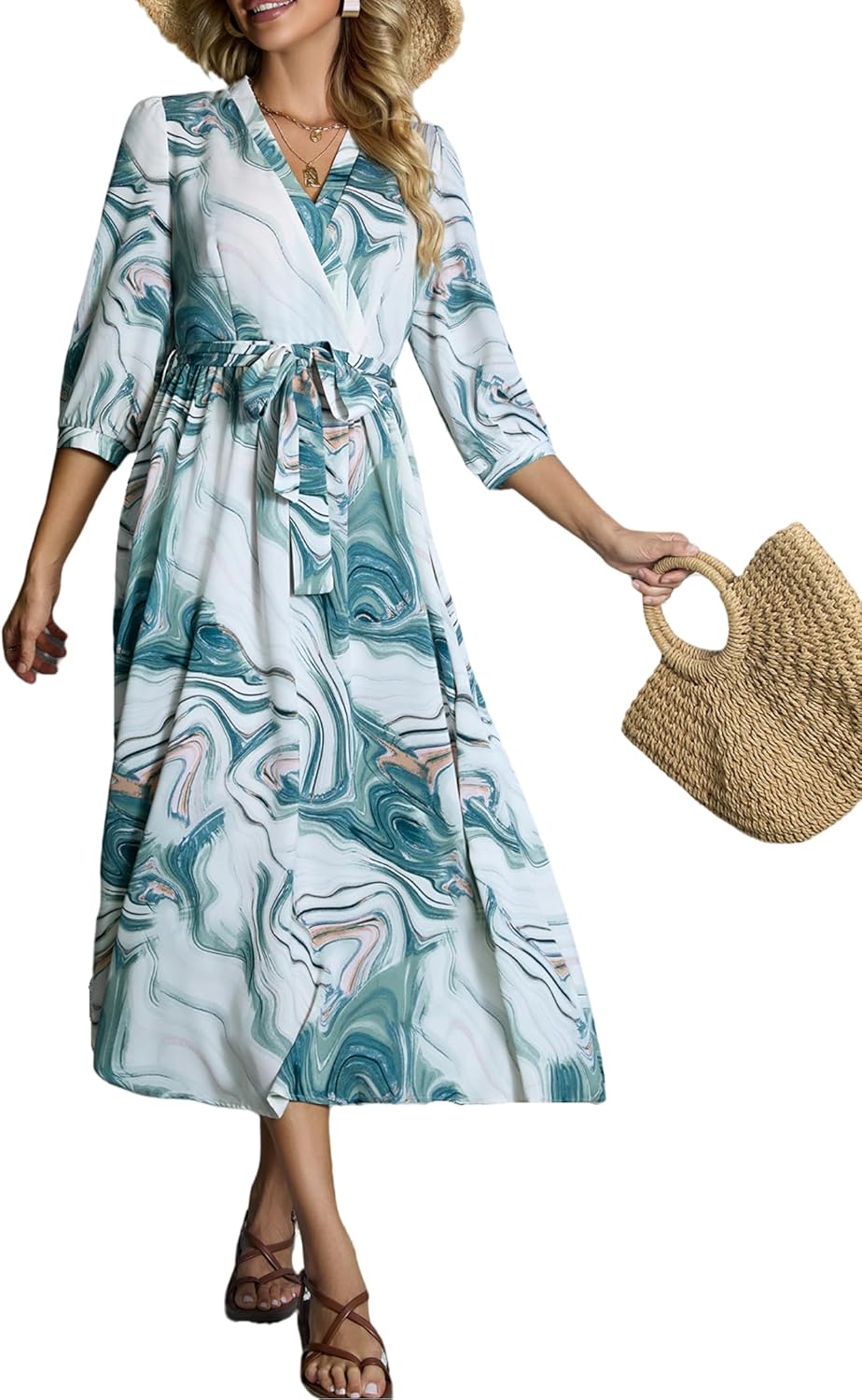 Women’s Casual Maxi Dress V Neck Empire Waist 3/4 Sleeves Dress Beach Party Holiday Dress Spring Summer Printed