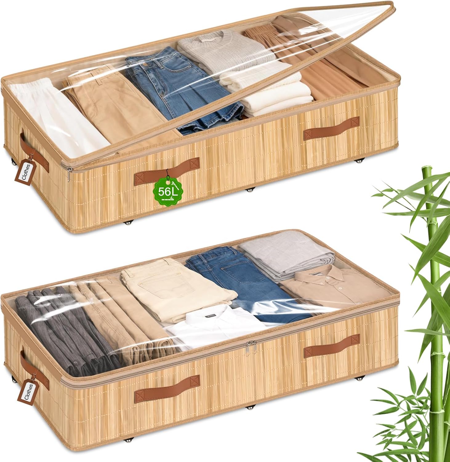 Livole 2 Pack Bamboo Under Bed Storage with Wheels, 6 inches Underbed Storage Containers, 56L XXL Rolling Under Bed Storage Bins with Clear Lid & Label for Clothes, Blankets, Sweater, Shoes