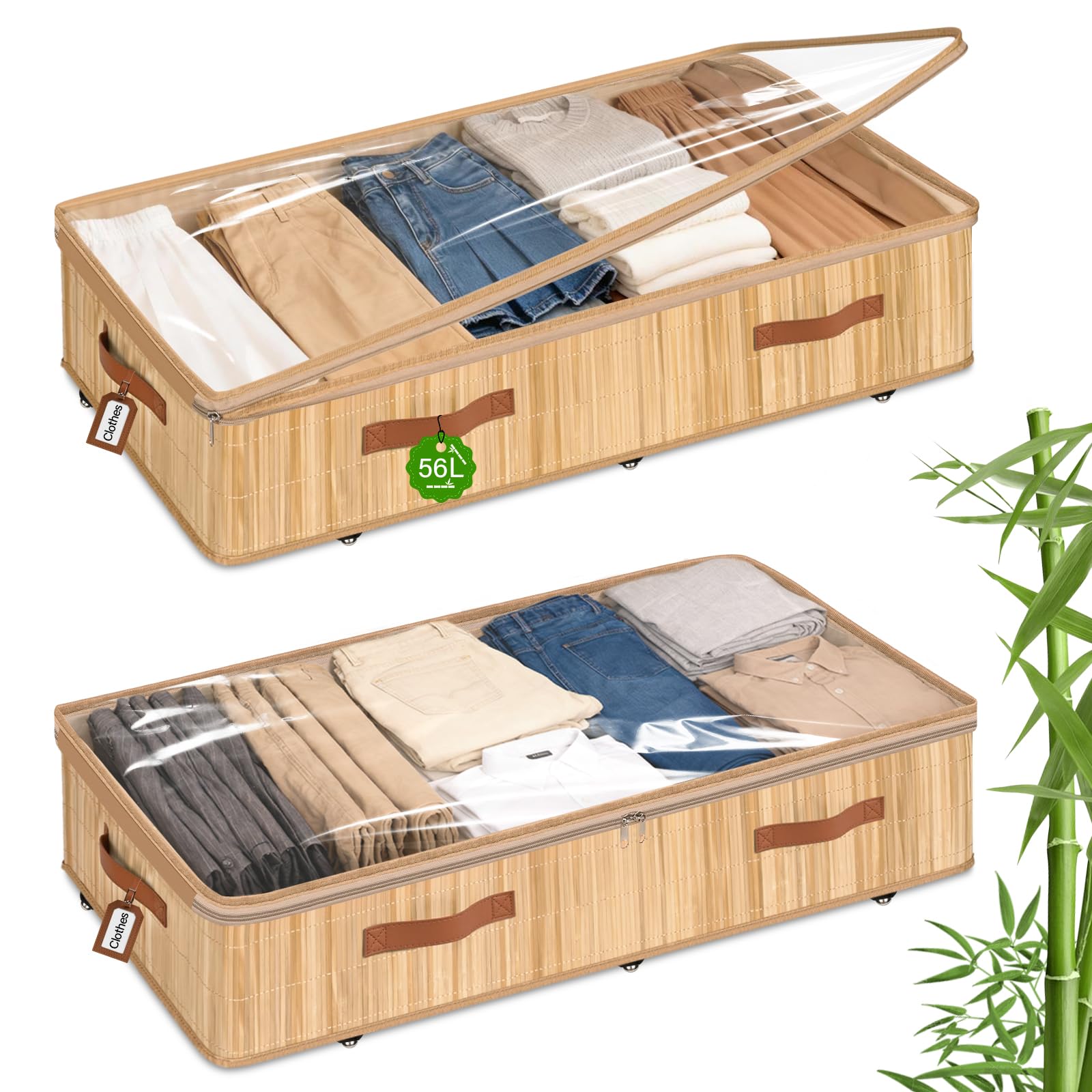 Livole Bambus-Unterbettkommode mit Rollen, 15 cm, 56 l, Unterbett-Aufbewahrungsbehälter mit transparentem Deckel und Etikett, rollbare Unterbett-Aufbewahrungsbehälter für Kleidung, Decken, Pullover