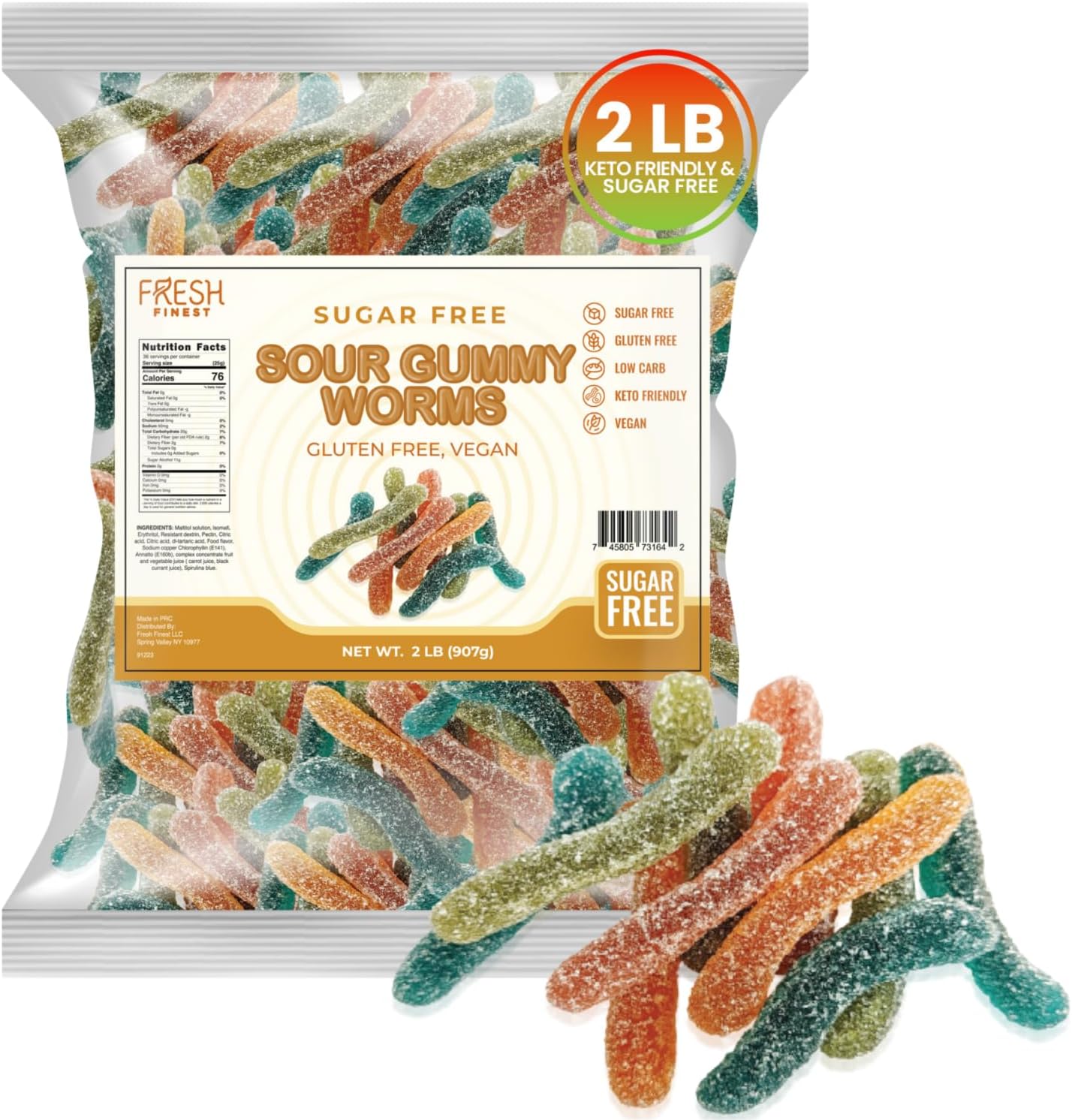 Sugar-Free Gummy Worms Keto Candy - Assorted Fruit Flavors Keto Snacks - Vegan Gummy, Gluten-Free, Low Carb, Keto Friendly, Sugar-Free Gummies, Bulk 2 LB