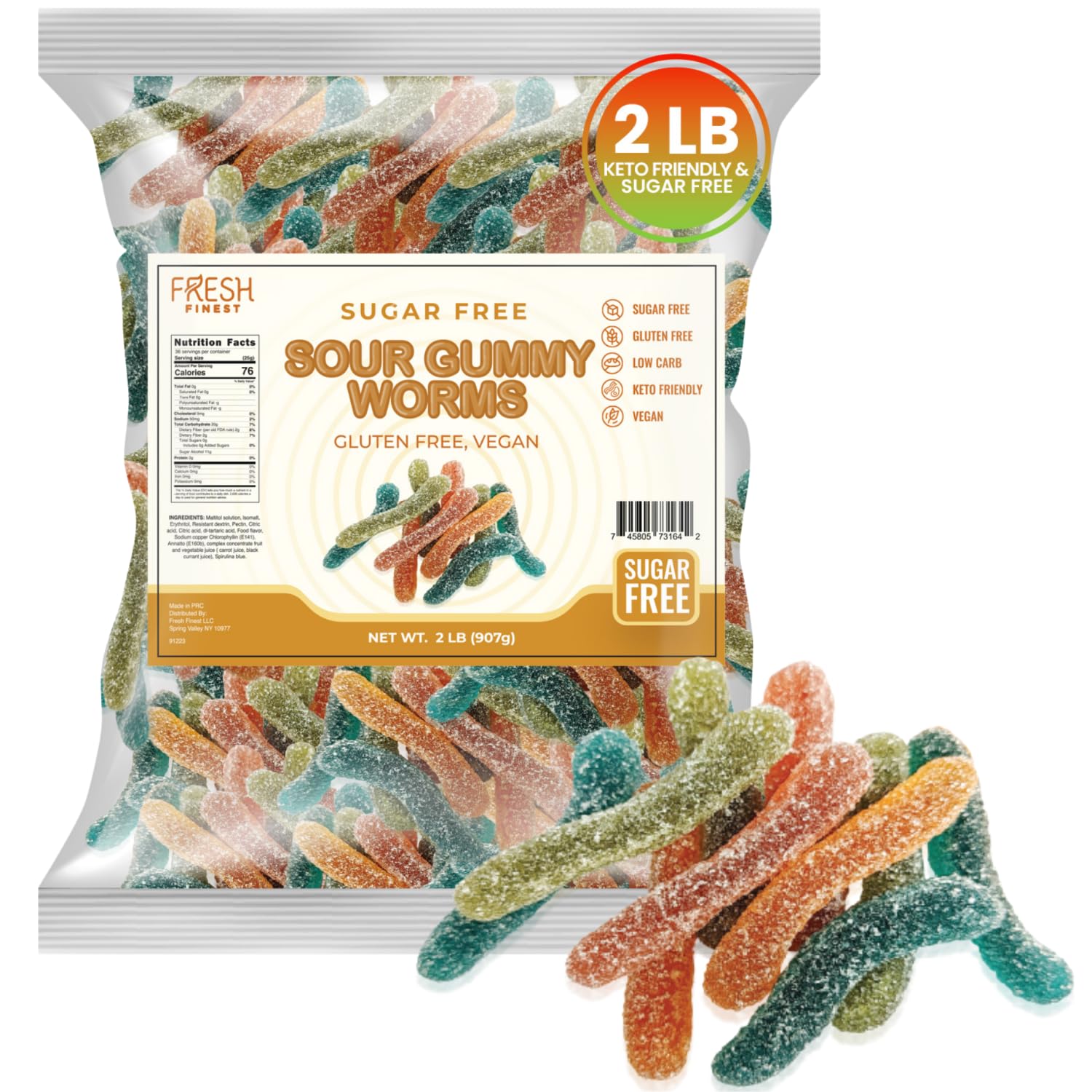 Sugar-Free Gummy Worms Keto Candy - Assorted Fruit Flavors Keto Snacks - Vegan Gummy, Gluten-Free, Low Carb, Keto Friendly, Sugar-Free Gummies, Bulk 2 LB