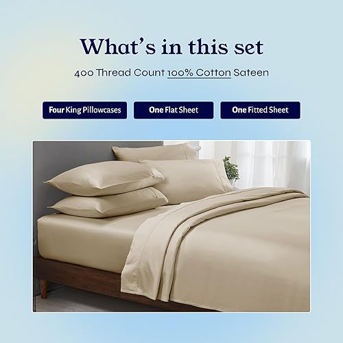 Vista 381 de Juego de sábanas de 400 hilos y 6 piezas, tamaño King, con 4 fundas de almohada, ropa de cama de 100 % algodón con tejido satinado, color azul 12