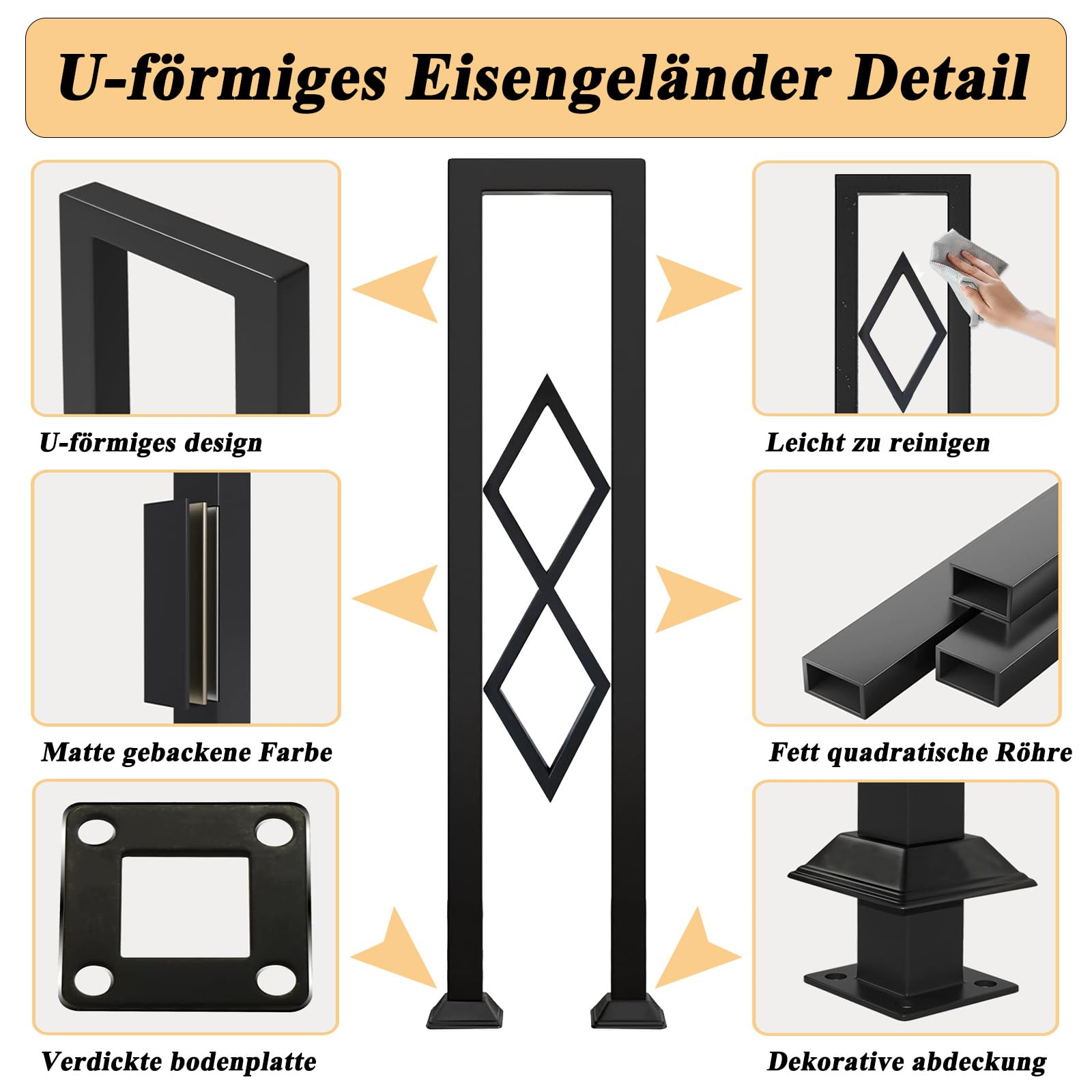Ringhiera per Scale Forma di U, Metallo Corrimano con Diamante e Base Coperta, Passamano Interna per Loft, Balcone, Balaustra Esterna, Installazione Verticale (Nero, 90cm)