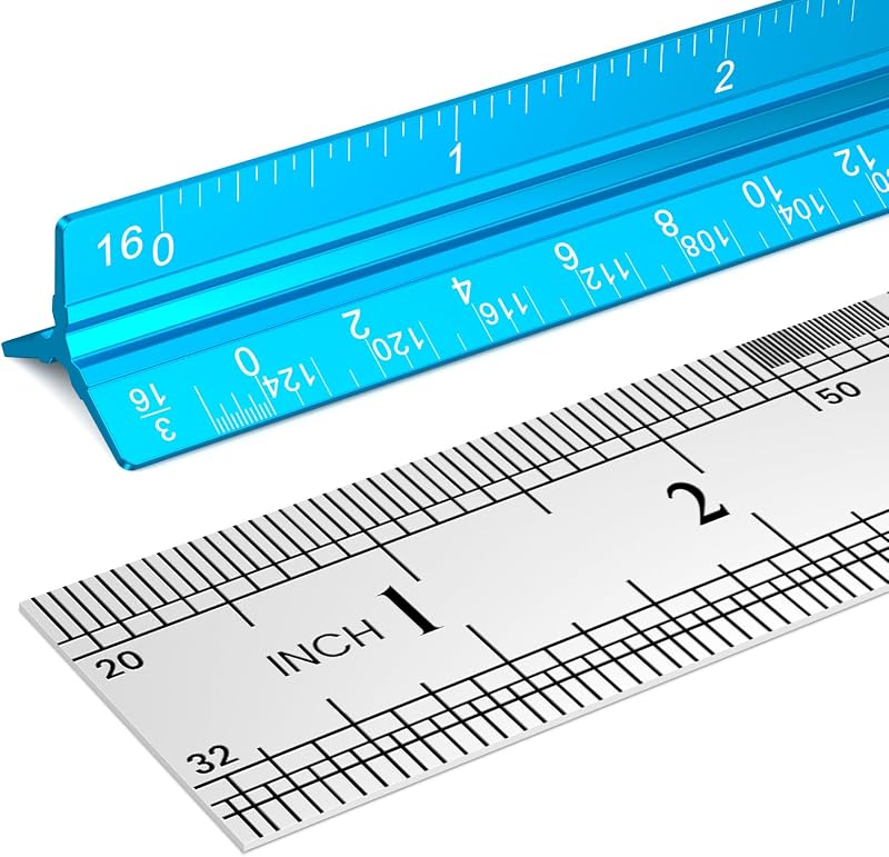 2 Pcs Architectural Scale Ruler 12 Inch, Aluminum Architect Ruler & Metal Ruler Set, Imperial Engineer Scale for Blueprints, Drafting Ruler for Architects, Students, Draftsmen, and Engineers (Blue)