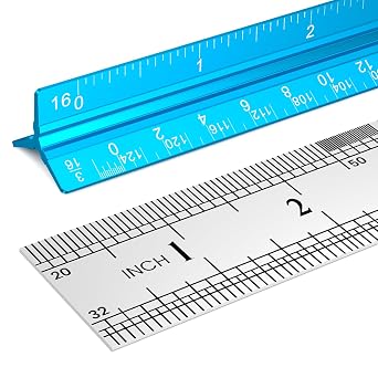 2 Pcs Architectural Scale Ruler 12 Inch, Aluminum Architect Ruler & Metal Ruler Set, Imperial Engineer Scale for Blueprints, Drafting Ruler for Architects, Students, Draftsmen, and Engineers Blue