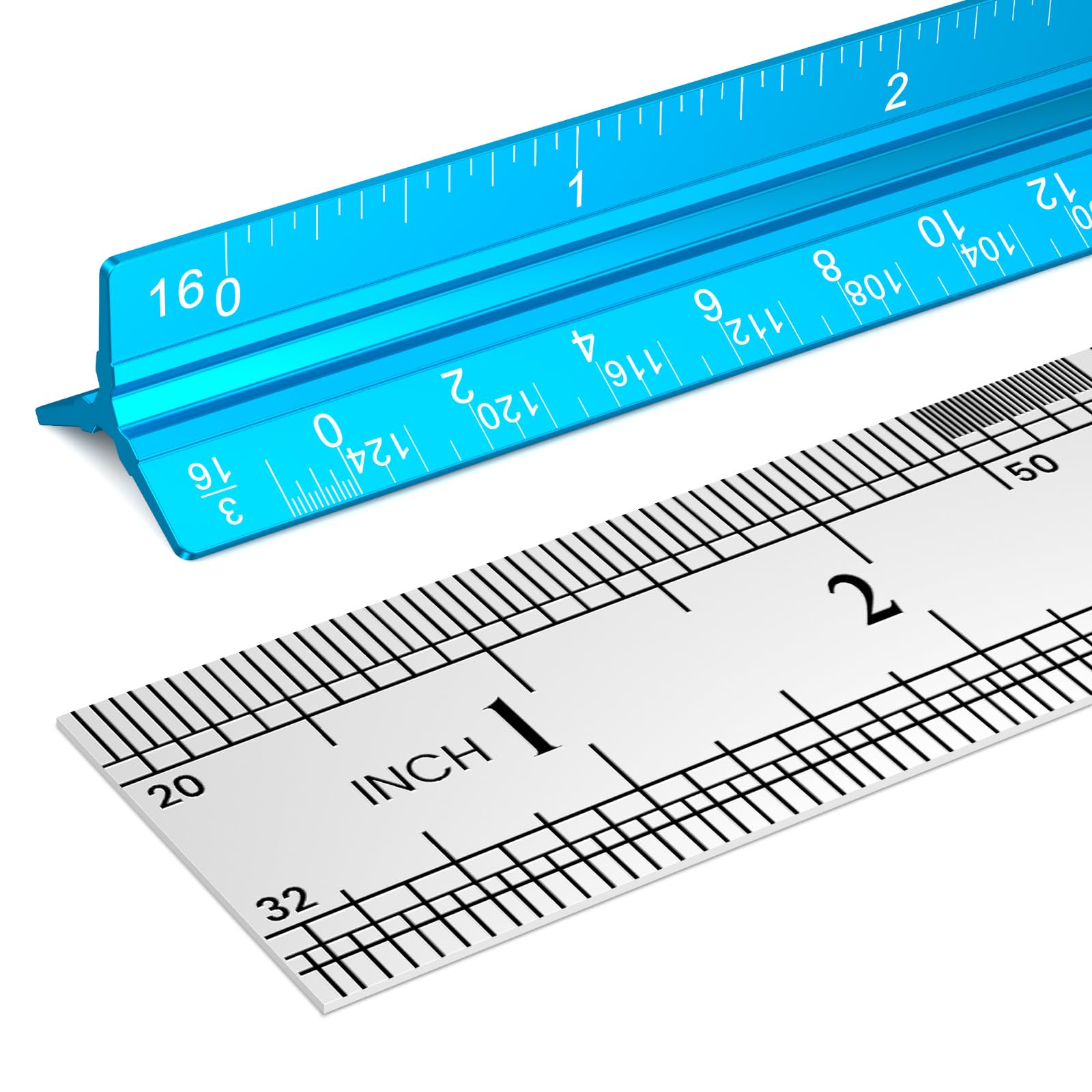 2 Pcs Architectural Scale Ruler 12 Inch, Aluminum Architect Ruler & Metal Ruler 