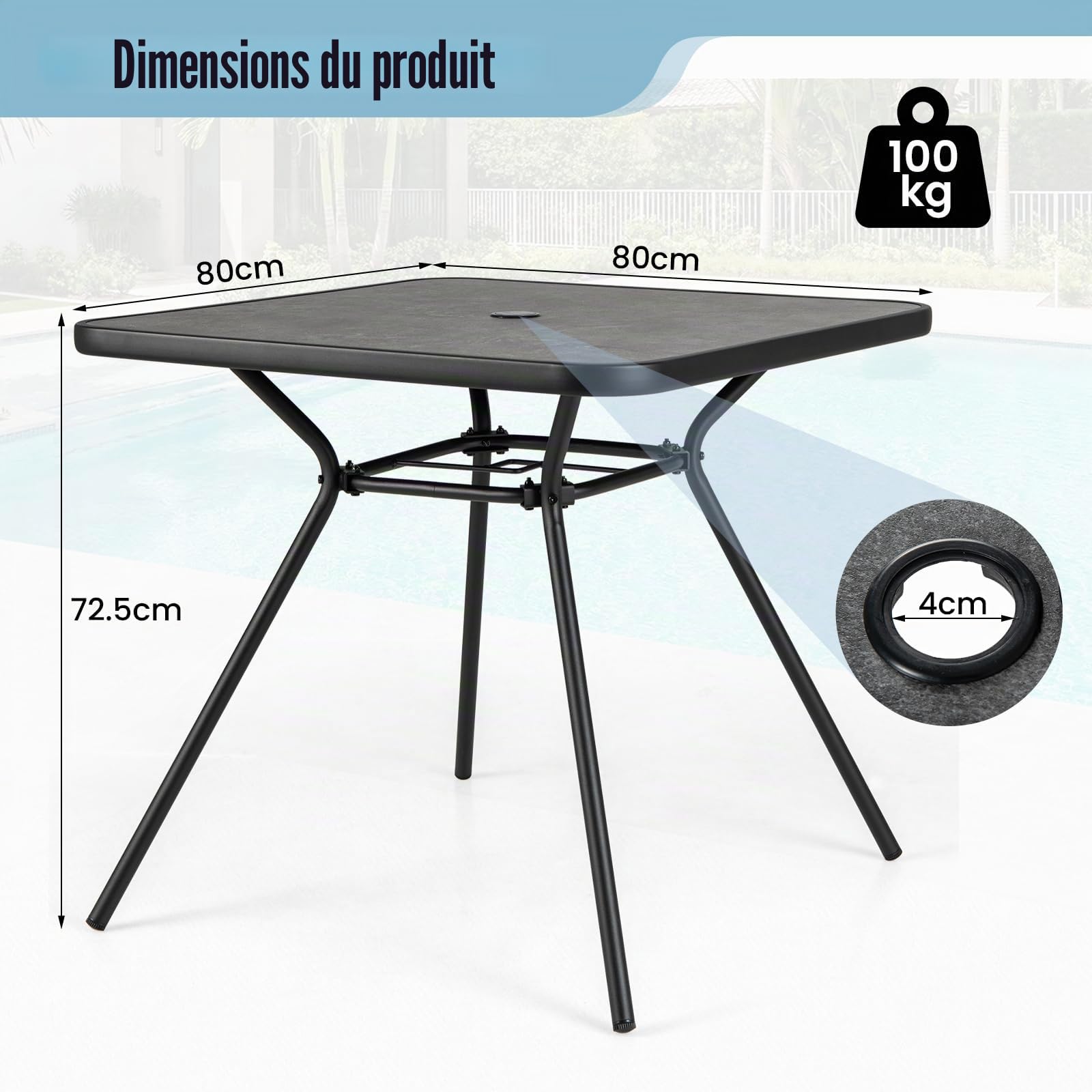 GIANTEX Table de Jardin Carrée, Plateau en SPC, Trou pour Parasol Ø 4 cm avec Couvercle, Pieds Réglable, Cadre en Métal Robuste, Charge 100 kg, Table Exterieur pour Jardin, Balcon, Terrasse, Noir