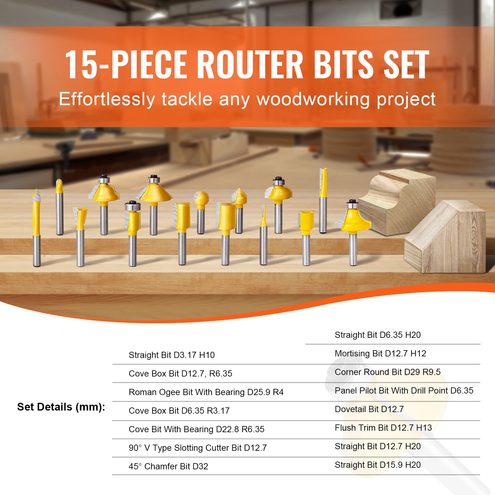 VEVOR Fräser-Set, 15-teilig, Oberfräser-Set mit 1/4-Zoll-Schaft, Kunststoff-Tragekoffer, Holzbearbeitungswerkzeuge für professionelle und Anfänger-Schreiner, für Holz, MDF, Spanplatten, Sperrholz