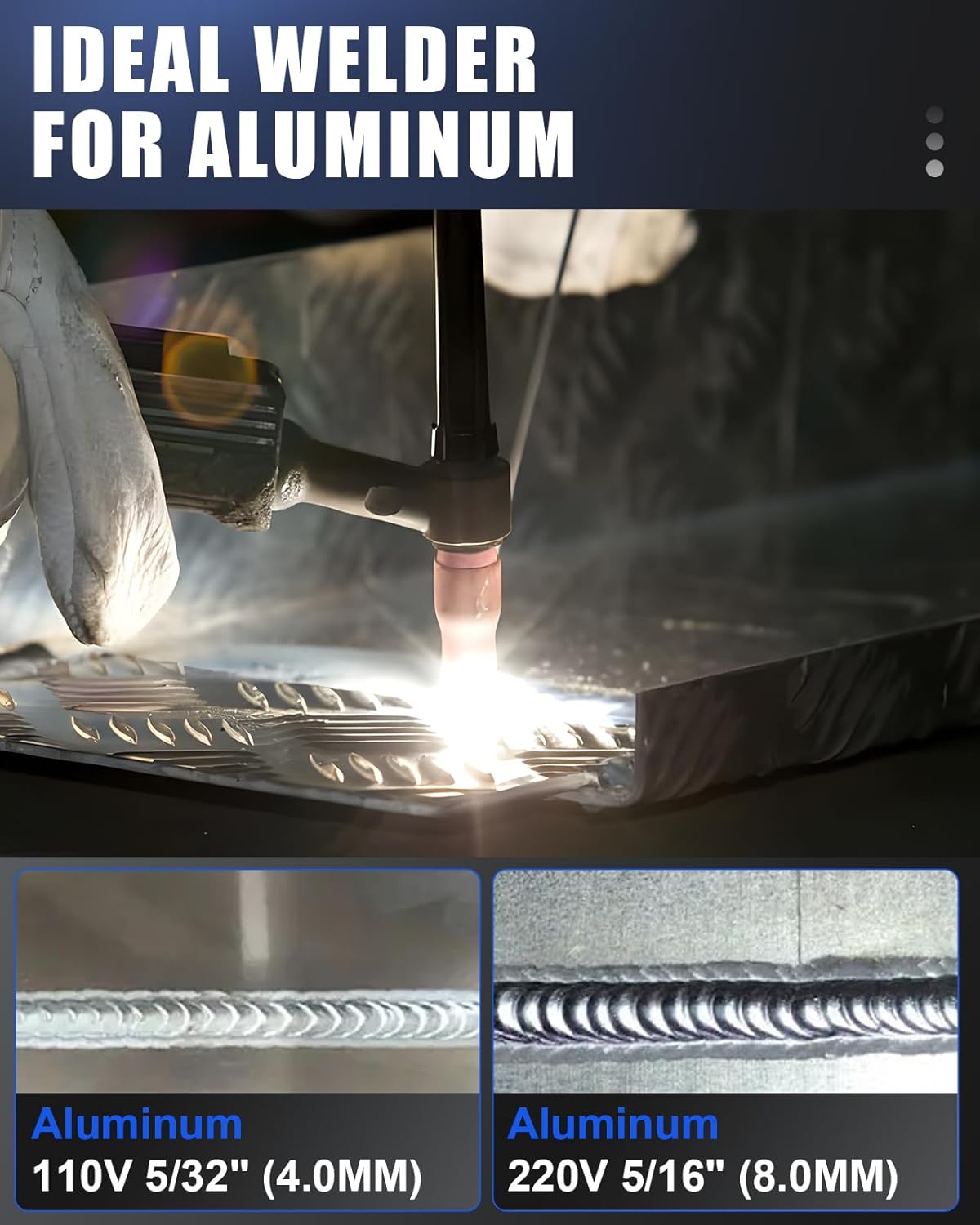 Image demonstrating the AZZUNO ACDC-200F welder's capability for aluminum welding, showing clean weld beads at 110V and 220V.