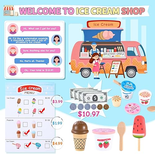 Miniatura 3 de Juguetes de helado de madera para niños, juguetes de cocina de juego de cocina, juego de mesa de tamaño pequeño para niños pequeños con cucharada,