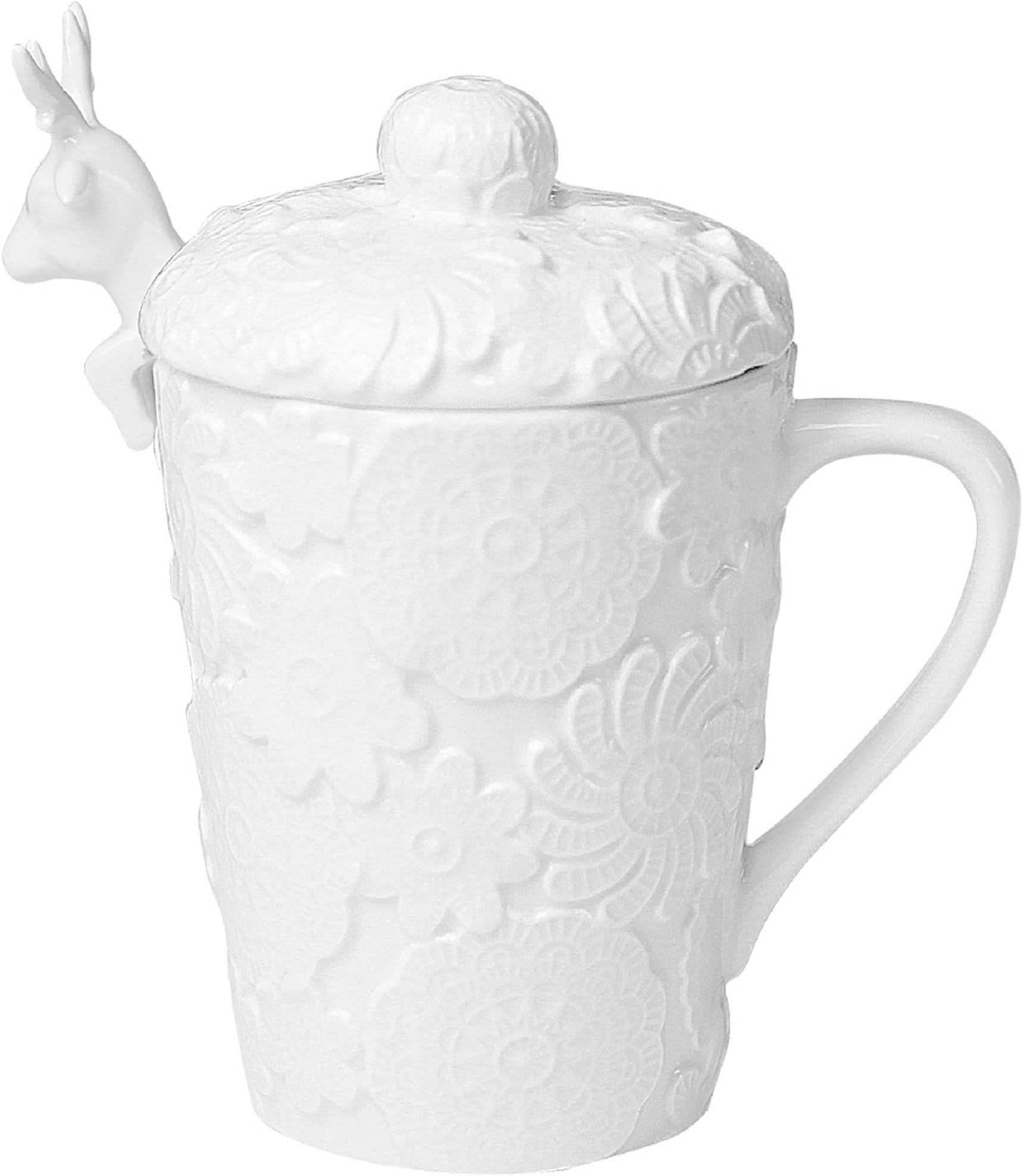 White 3D Christmas Reindeer Relief Holiday Ceramic Mug with Lid, Deer Spoon, Coffee Mug (Lace)