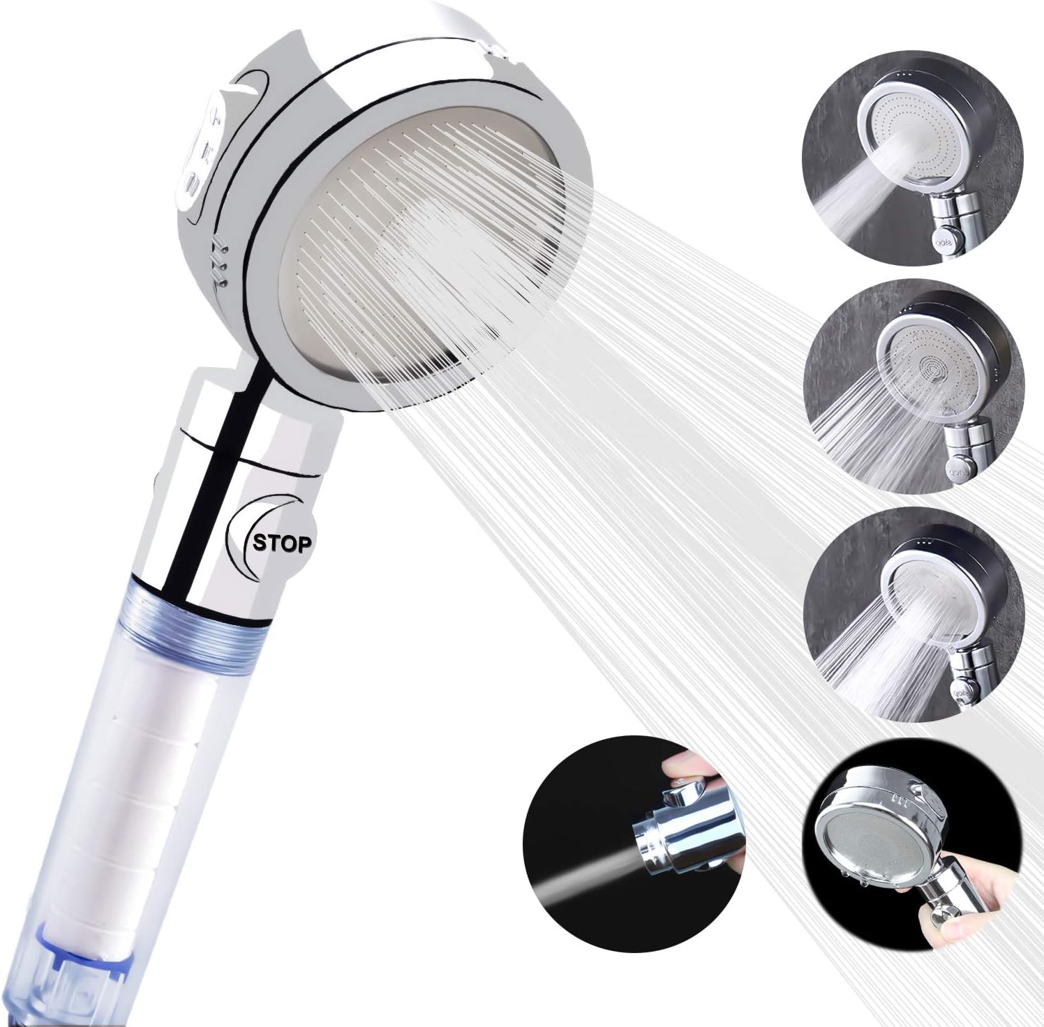 jooe Shower Head with Handheld ON/OFF Pause Switch 4 Setting Spray, Water-Saving 3.0" Chrome Showerheads Detachable PP Cotton Filters for Best Shower Experience! Round