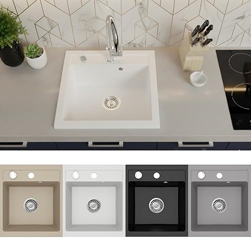 Faizee Home | Granit Einbauspüle 49x52 cm Weiß – Eckiges