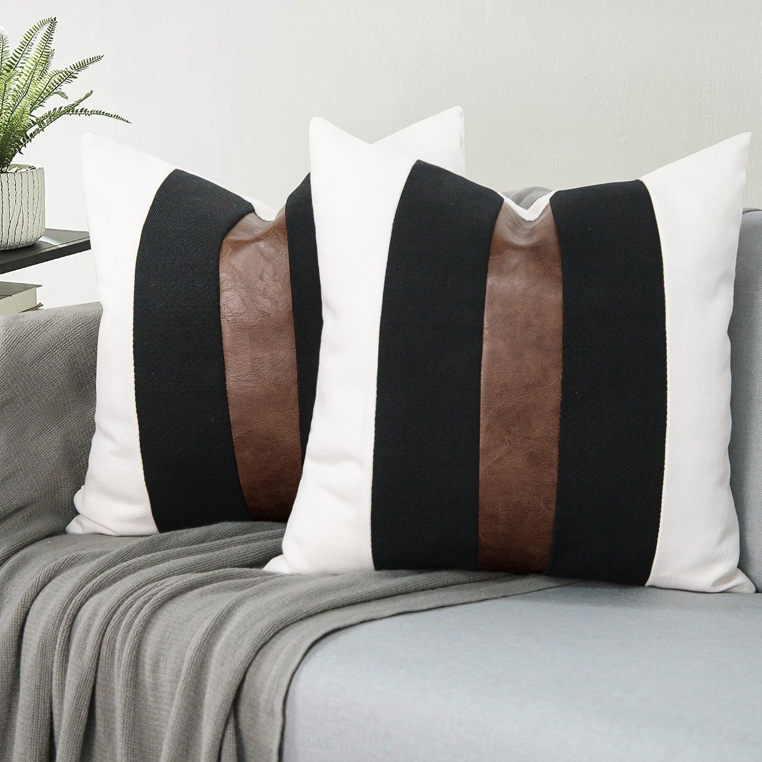 JASEN Set of 2 Faux Leather and Linen Lumbar Pillow Covers 22x22 Inch Black and White Modern Farmhouse Rectangular Accent Cushion Covers for Couch Sofa