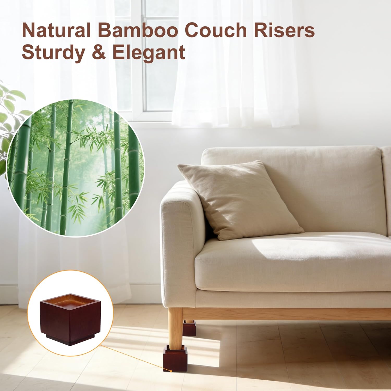 4 Inch Bamboo Bed Risers, 2000 LBS Heavy Duty Furniture Leg Risers with Anti-Fall Edge, Height Extenders Support Blocks for Bed Sofa Desk Table, 4-Pack Brown