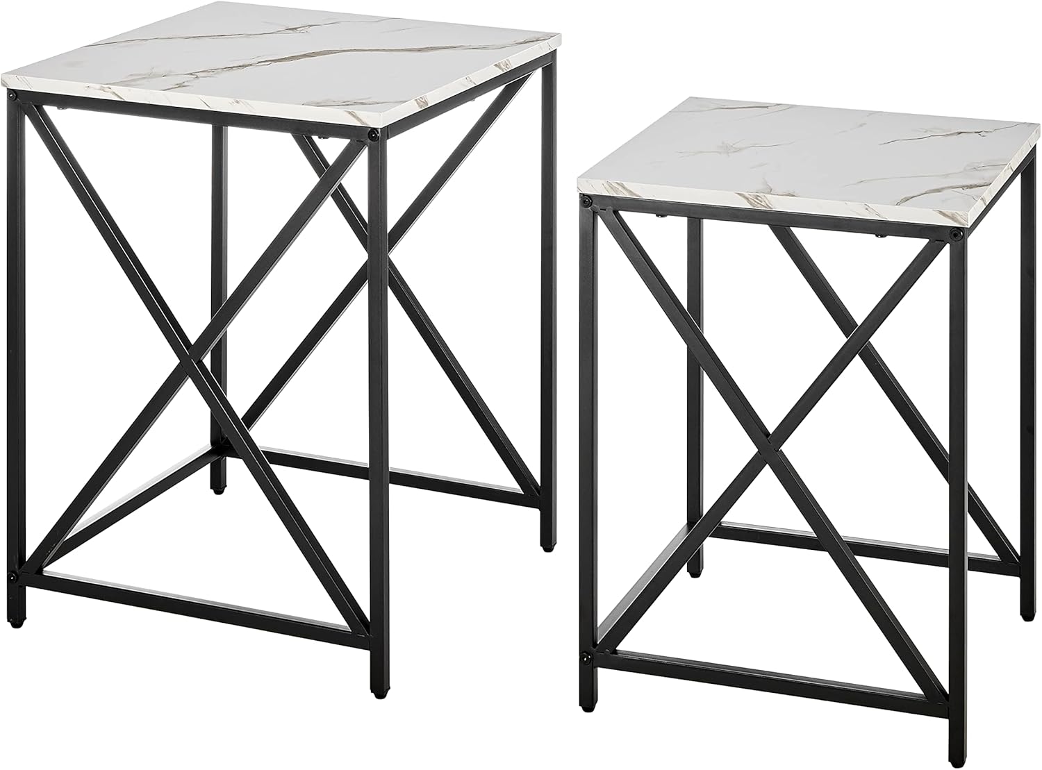 Set of 2 Square Marble Veneer Top Black Metal Nesting End Tables