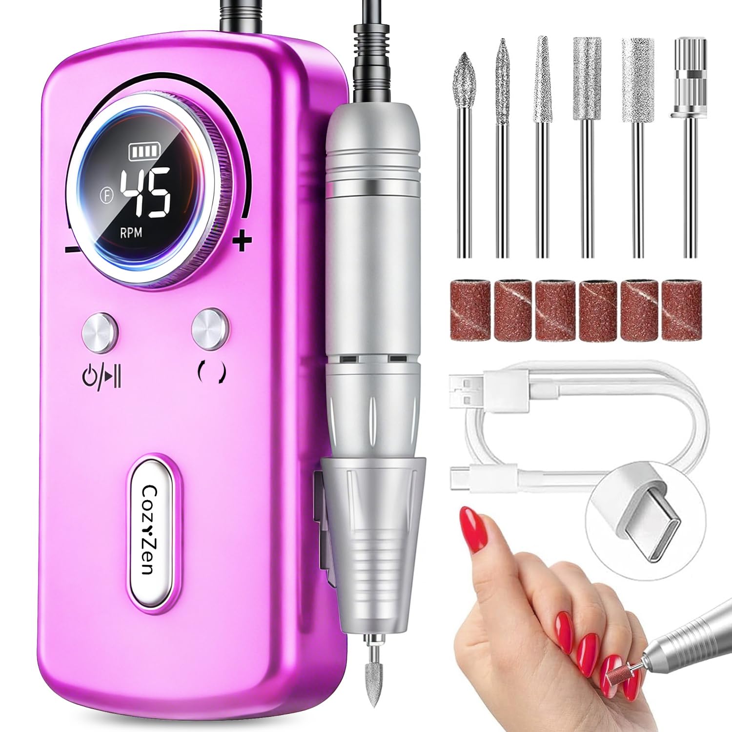 CozyZen Cordless Nail Drill Professional: 45000 RPM Rechargeable Electric Nail File Kit, Portable & Low Noise for Acrylic, Gel Nails, Manicure & Pedicure - Salon & Home Use